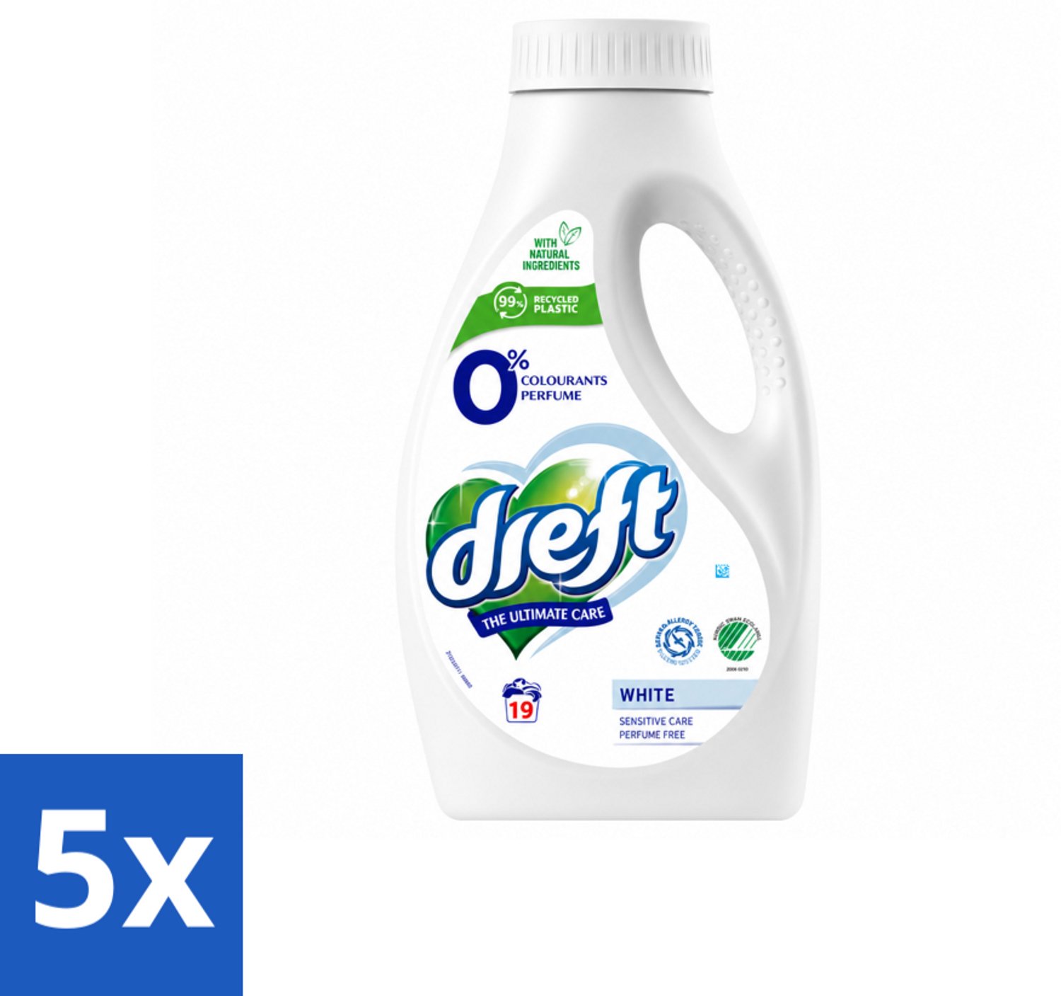 5 x Dreft - Vloeibaar Wasmiddel - 0% Witte Was - Geurvrij & zacht - 19 Wasbeurten - Voordeelverpakking - 5 stuks