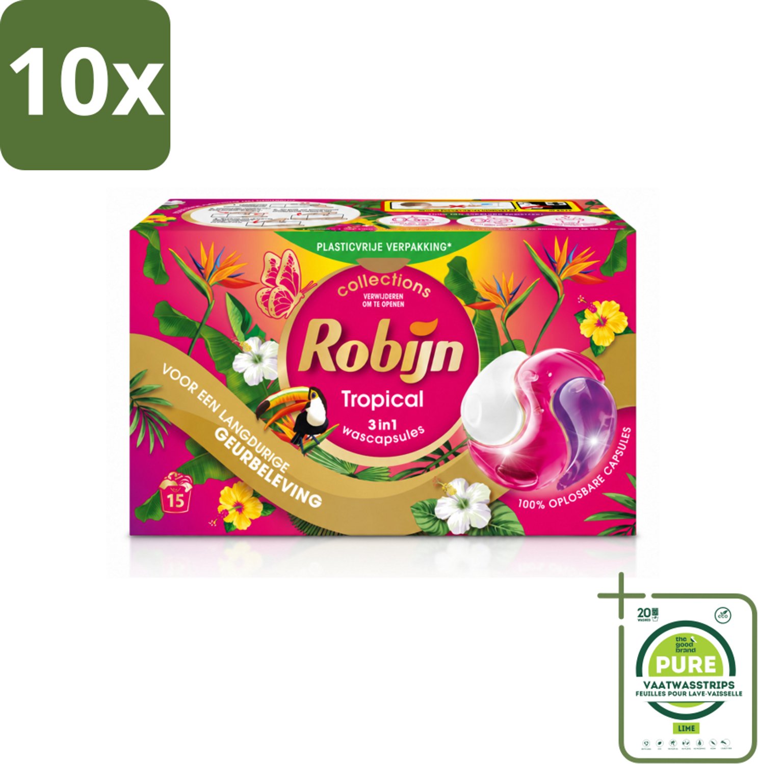10 x Robijn - 3-in-1 Tropical - Wascapsules - 15 Wasbeurten - Grootverpakking - Vaatwasstrips - Tropische Geur - Wascapsules - Kleurbehoud - Wasverzachter - Biologisch Afbreekbaar