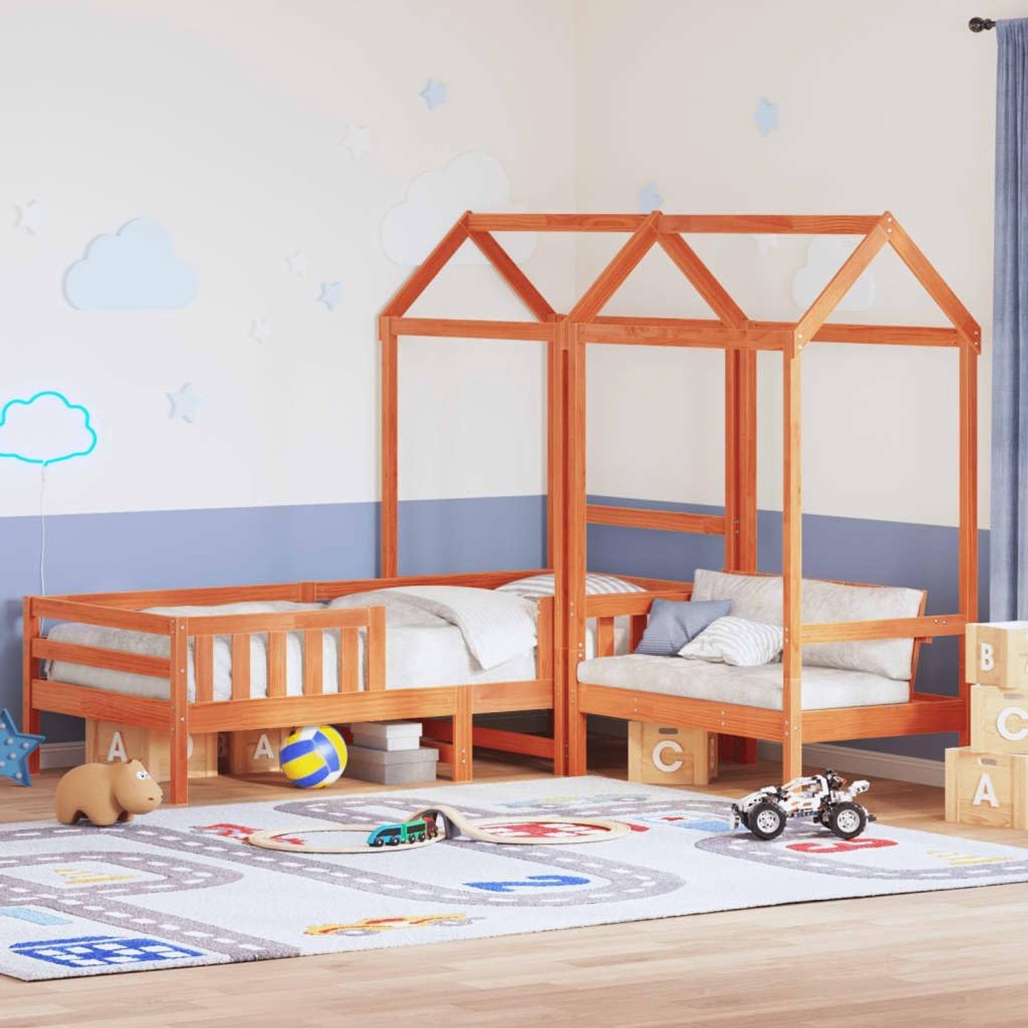 Houten bed en bank met dak Oranje 100x200 cm grenenhout Set 4 stuks inclusief lattenbodem en ergonomische rugleuning voor moderne slaapkamer