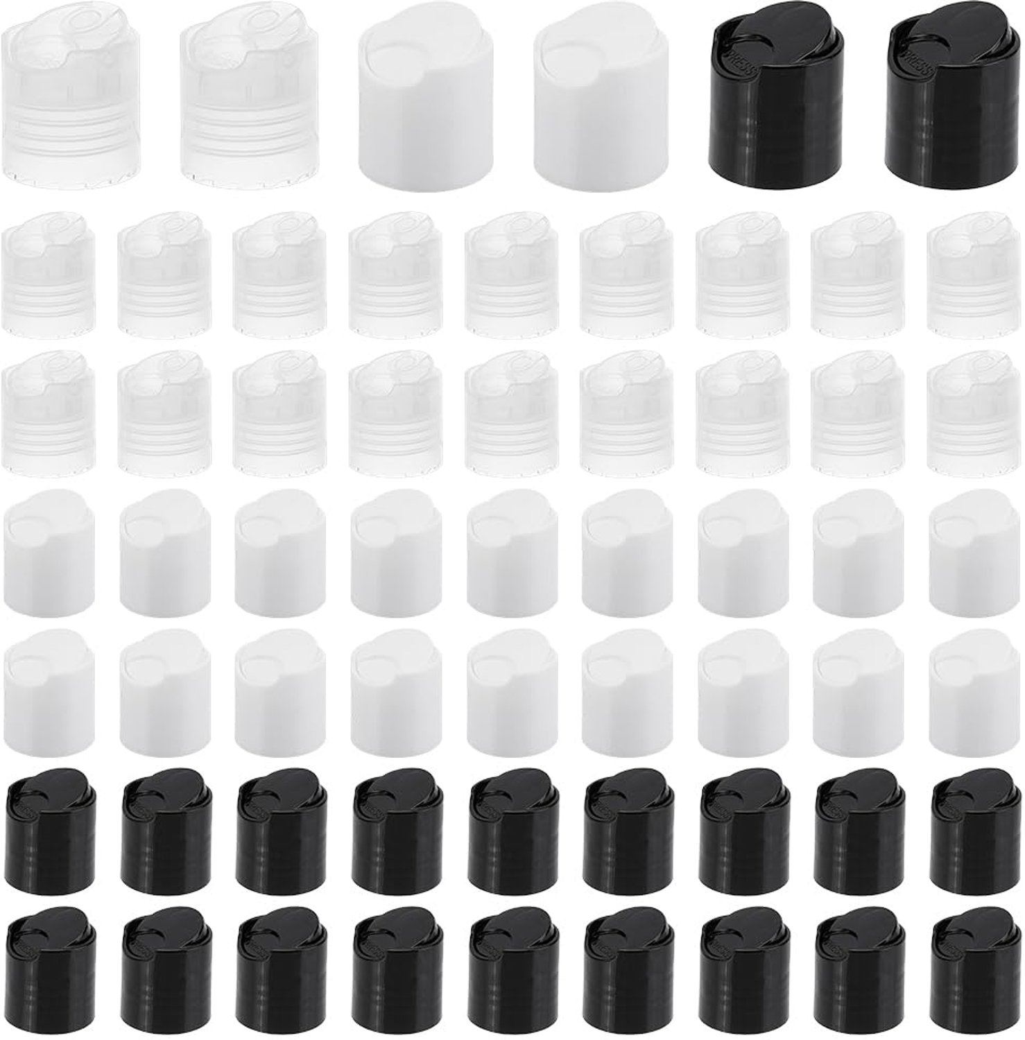 81 stuks 24/410 kunststof drukdoppen, 3 gekleurde vervangende schijfsluitdop, 24 mm binnendiameter, doseerdeksel, herbruikbaar deksel voor lege shampooflessen, flessenverzegeling