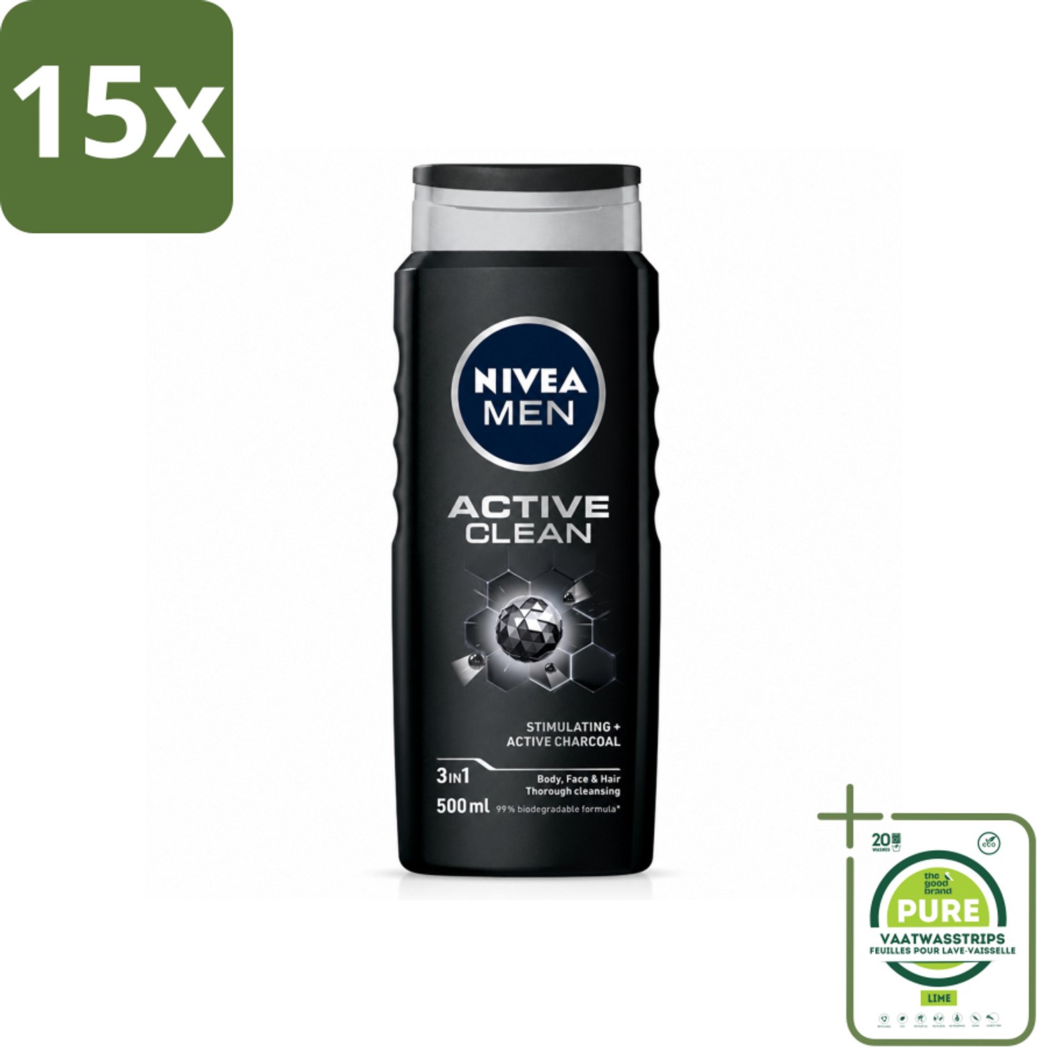 15 x NIVEA MEN - Douchegel - Active Clean - 500 ml - Grootverpakking - Vaatwasstrips - Douchegel Mannen - Actief Houtskool - Reinigende Douchegel - Lichaam Reinigen - Gezicht Reinigen