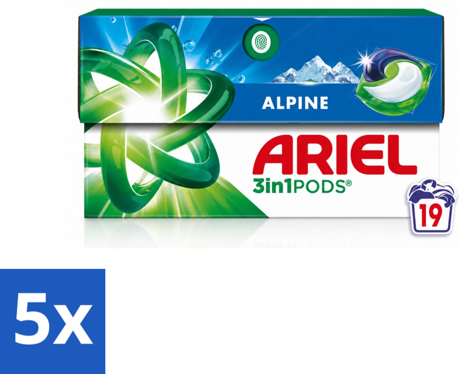 5 x Ariel - 3in1 Wasmiddel Pods - Alpine - 19 Pods - Voordeelverpakking - 5 stuks