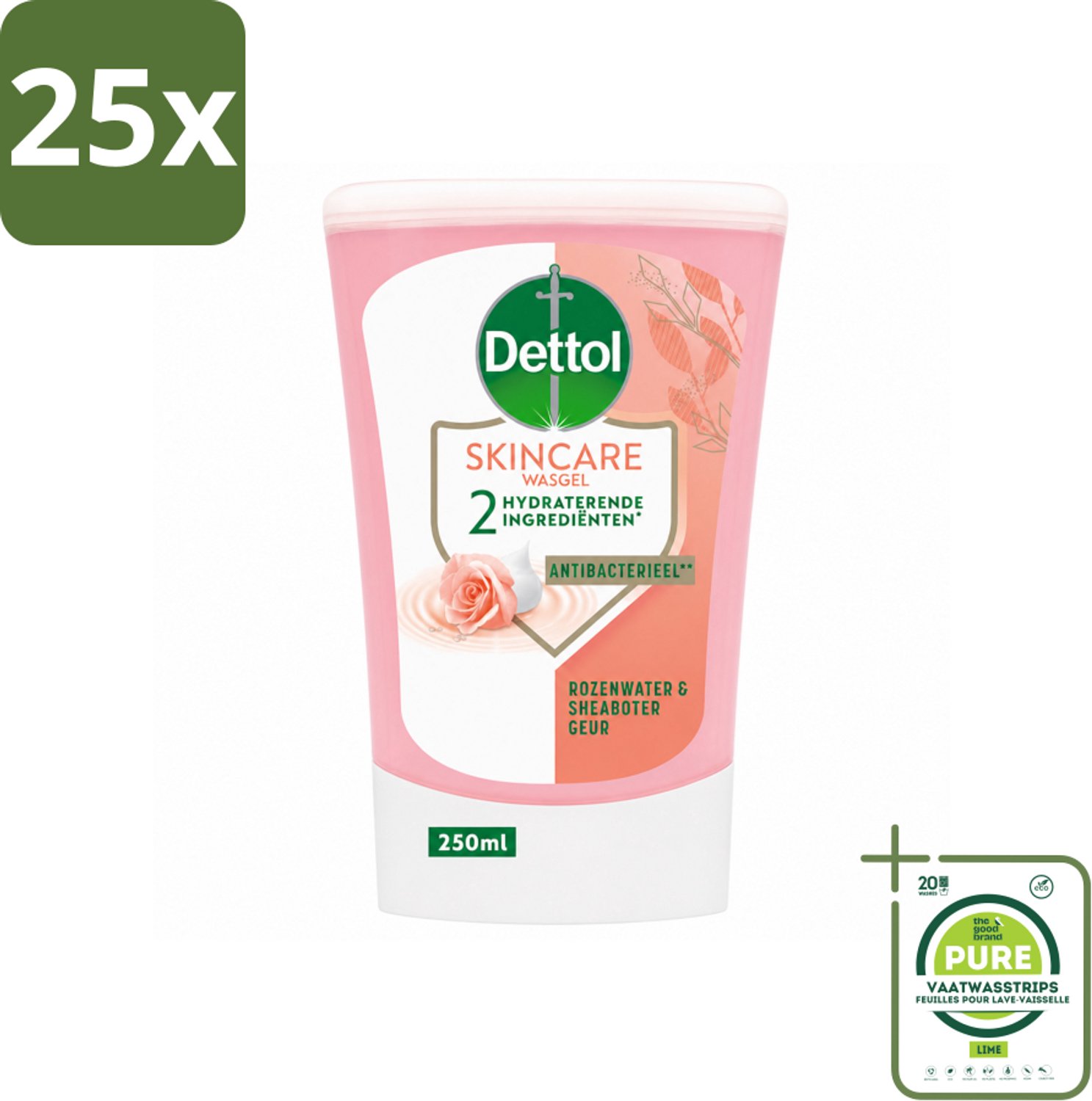 25 x Dettol - Wasgel Navulling - Skincare - Rozenwater & Sheaboter - 250 ml - Grootverpakking - Vaatwasstrips - Handen Reinigen - Antibacteriële Wasgel - Handwas - Hygiëne - Handen Verzorgen