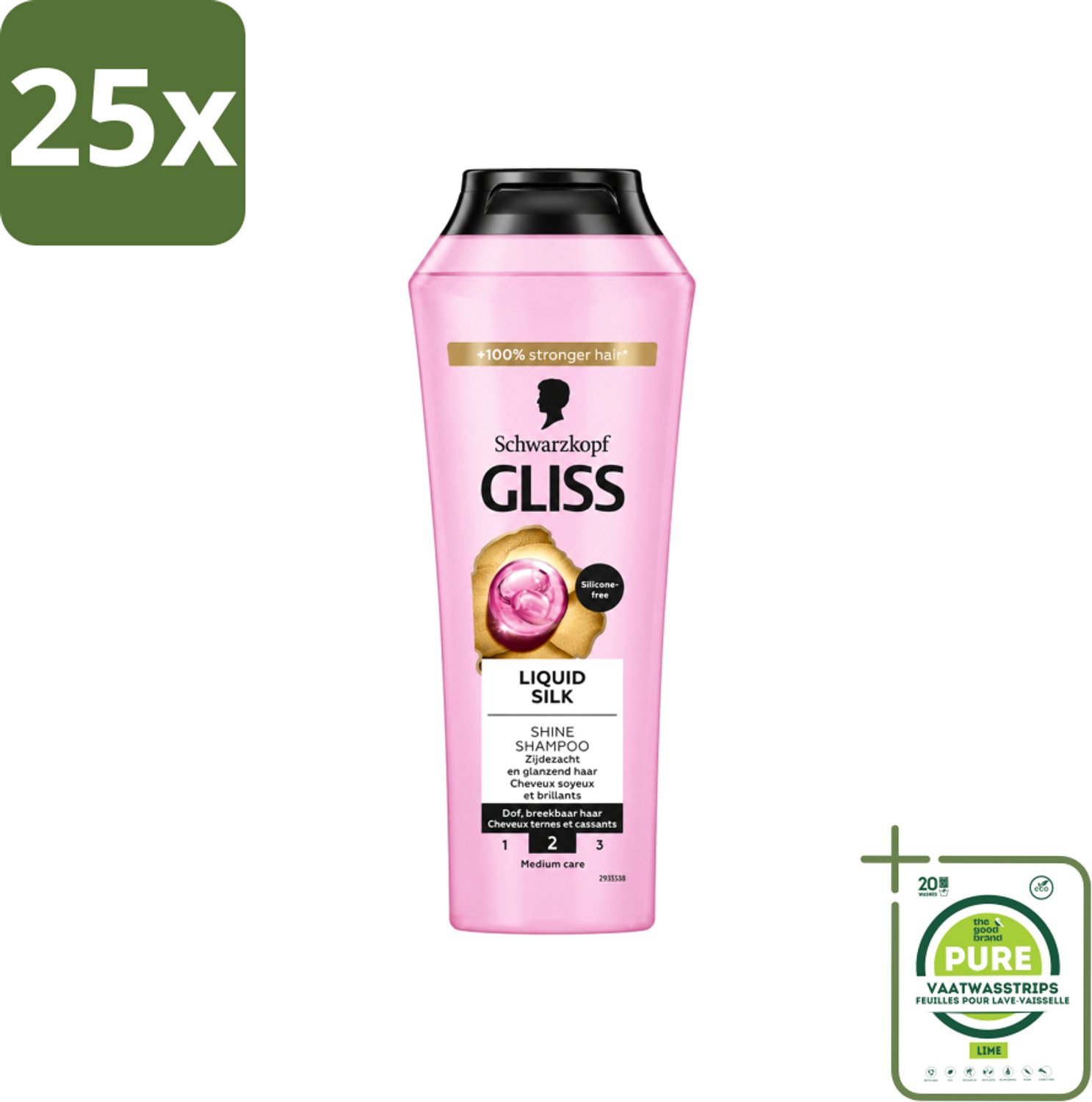 25 x Gliss - Shampoo - Liquid Silk - Voor Glanzend en Zijdezacht Haar - 250 ml - Grootverpakking - Vaatwasstrips - Glans Haar - Zijdezacht Haar - Glanzend Haar - Siliconenvrije Shampoo - Natuurlijke Shampoo