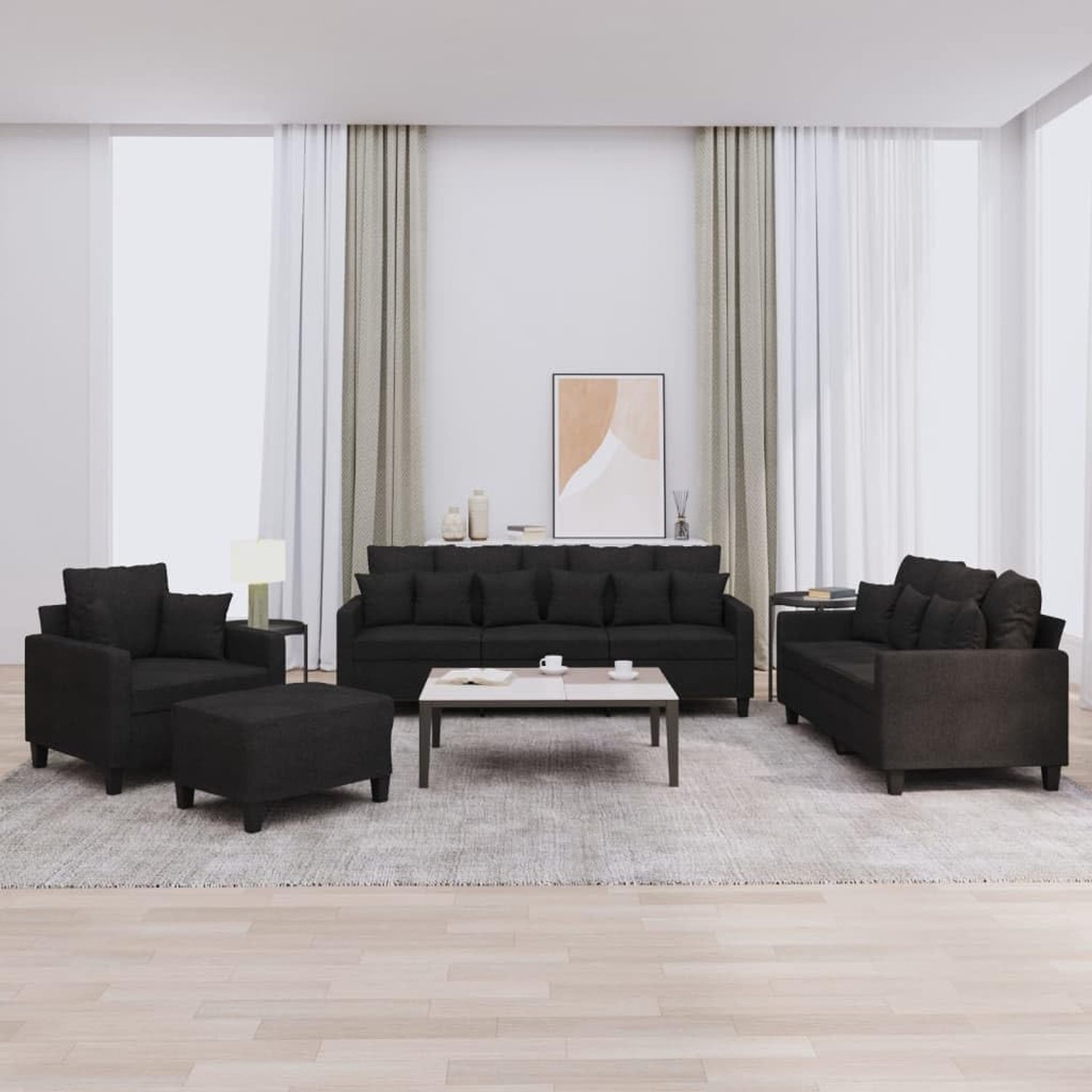 4-delige bankset met kussen in zwart, salontafel set voor woonkamer, duurzame stoffen bekleding en robuust metalen frame voor stabiliteit, comfortabele bekleding