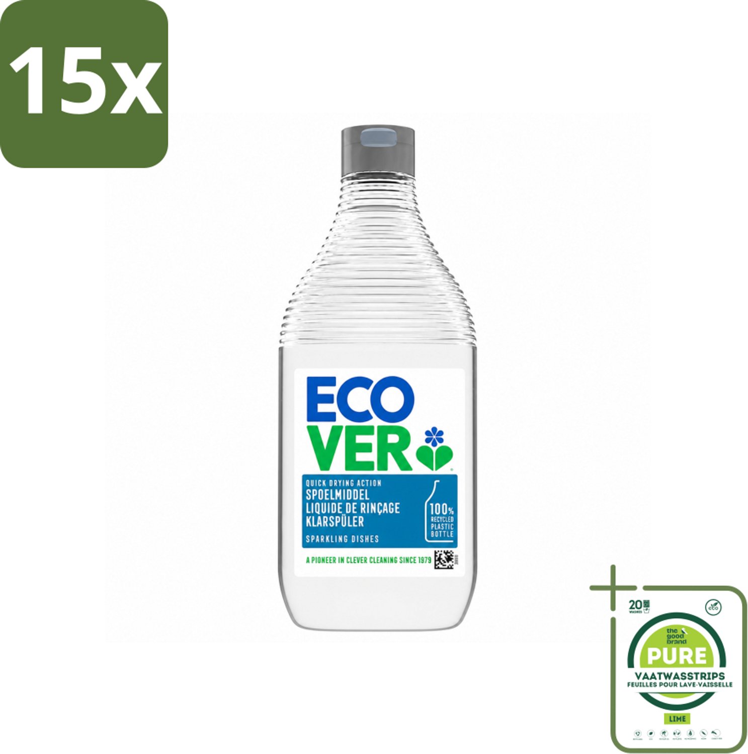 15 x Ecover - Spoelmiddel - 450 ml - Grootverpakking - Vaatwasstrips - Spoelmiddel - Vaatwas - Glanzende Vaat - Streepvrij - Kalkaanslag