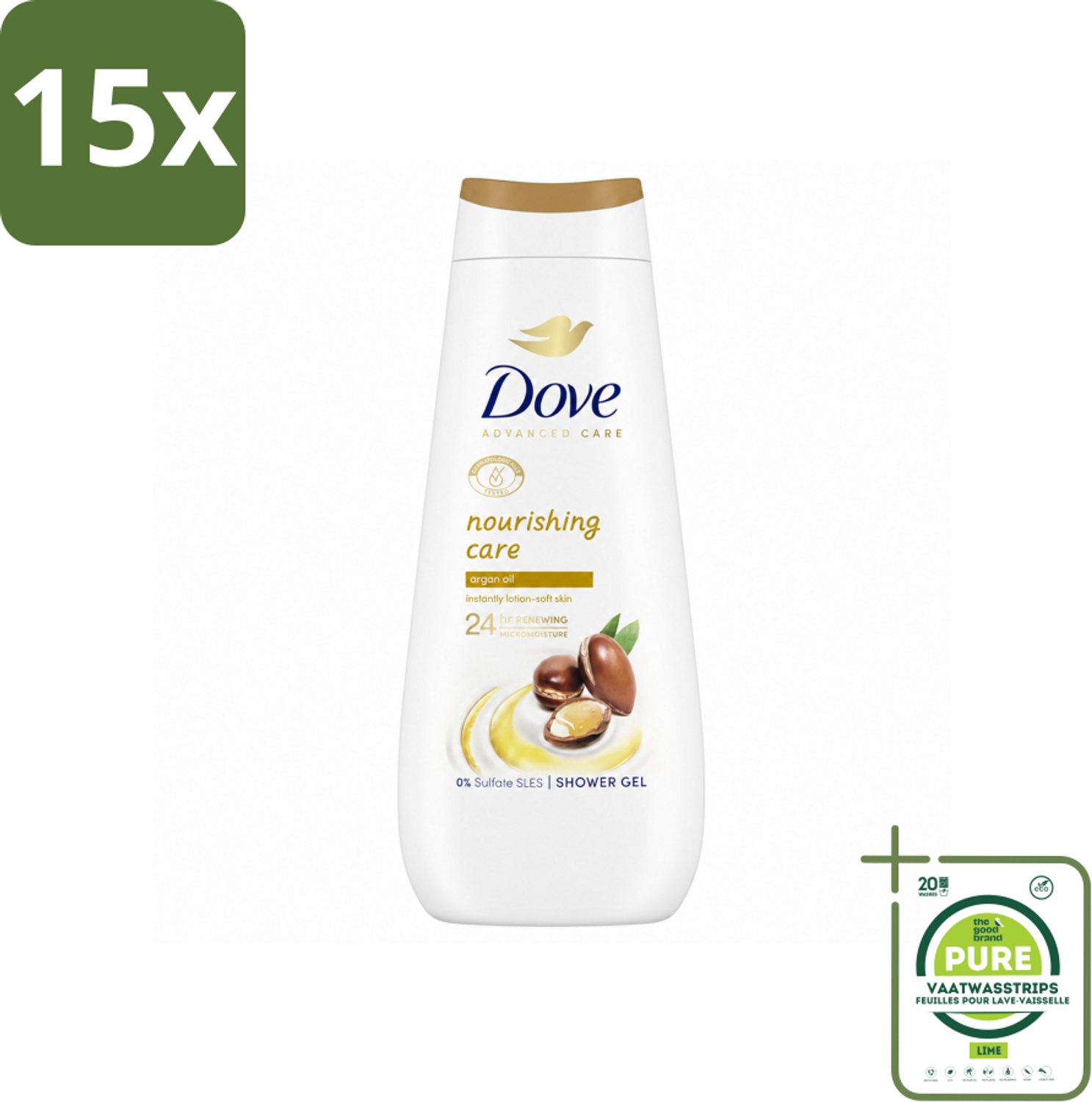 15 x Dove Douchecrème - Nourishing Care - Arganolie - 400 ml - Grootverpakking - Vaatwasstrips - Douchegel - Huid Verzorging - Arganolie - Hydratatie - Droge Huid
