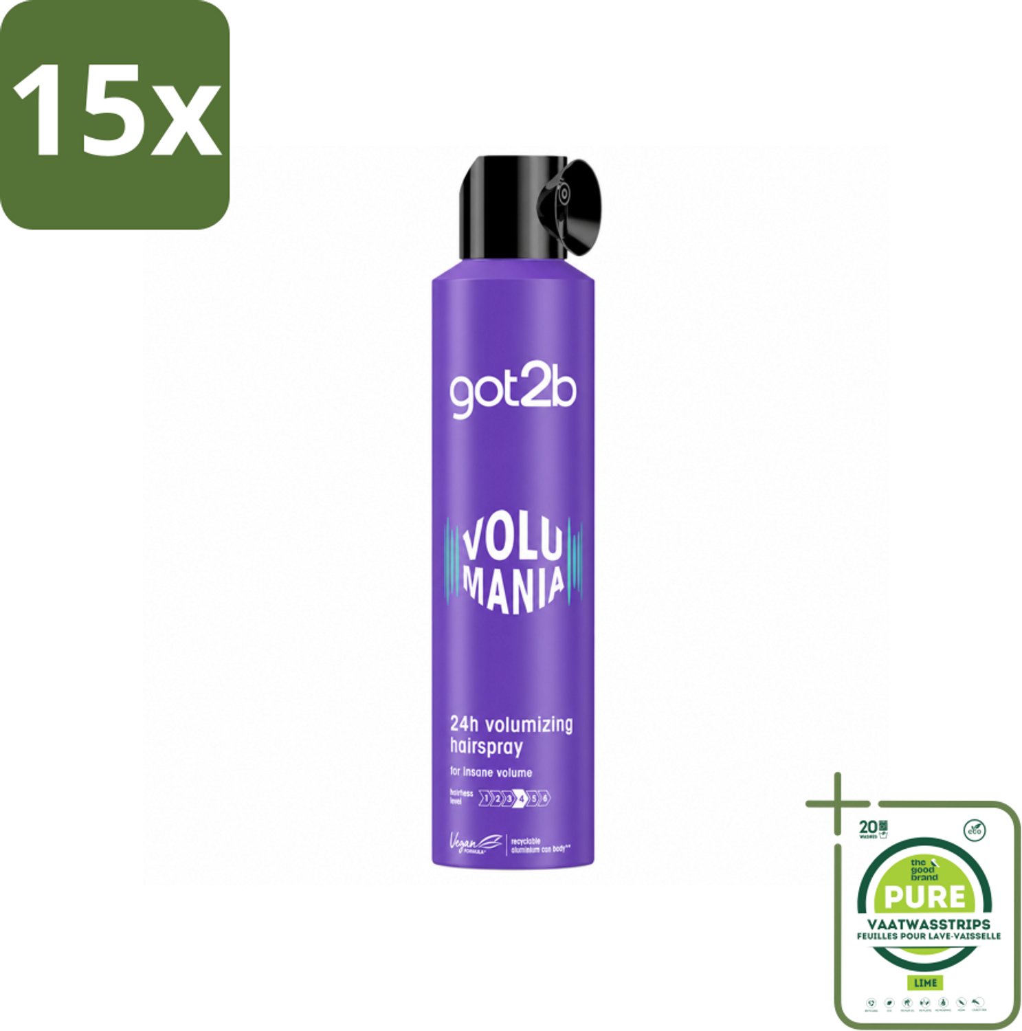 15 x Got2B - Haarspray - Volumania - 300 ml - Grootverpakking - Vaatwasstrips - Haarspray - Volume - Body - Hold - Vegan