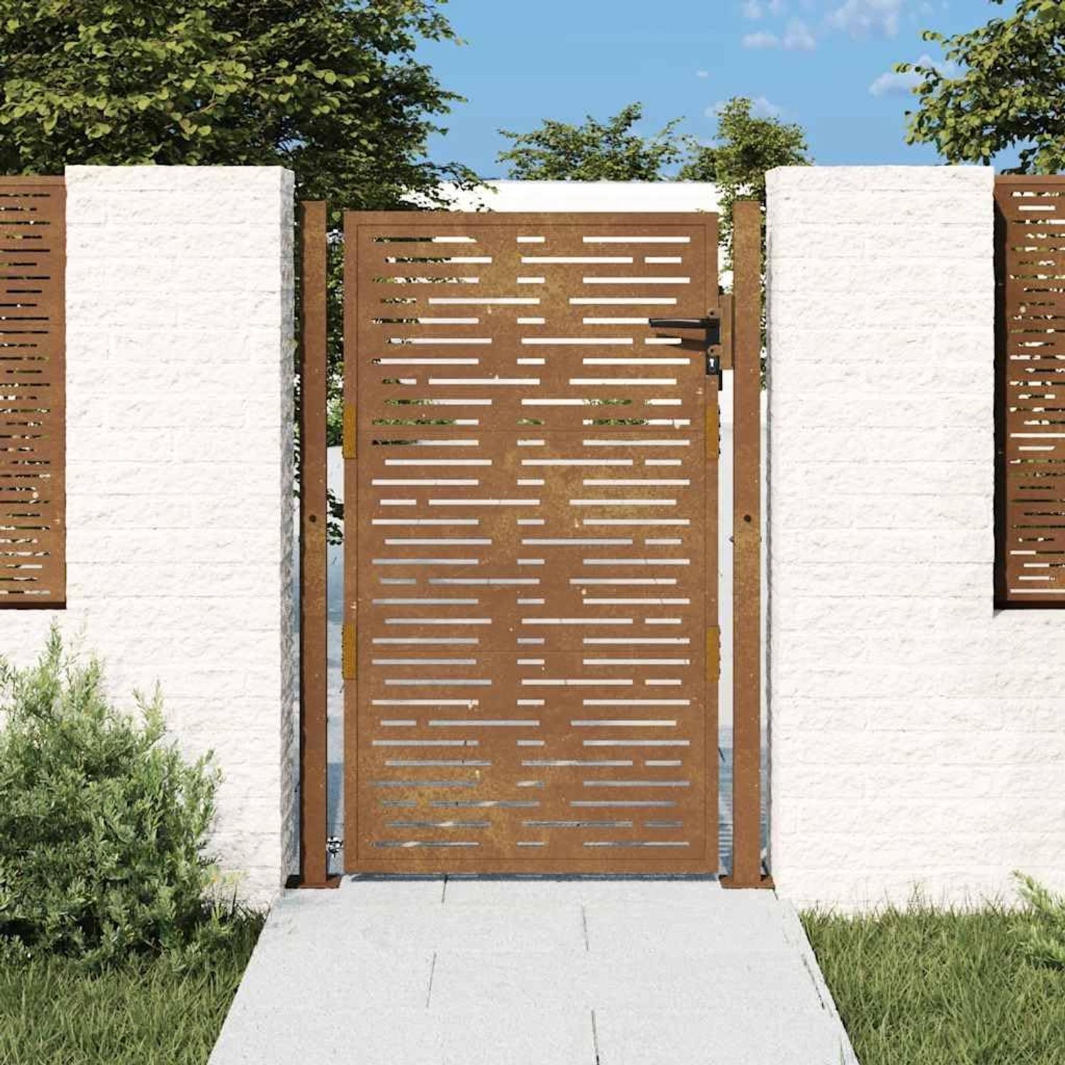 Tuinpoort 100 x 125 cm van cortenstaal met laserdesign, afsluitbare hekpoort, robuuste tuindeur voor tuin en terras, inclusief 2 palen en 3 sleutels