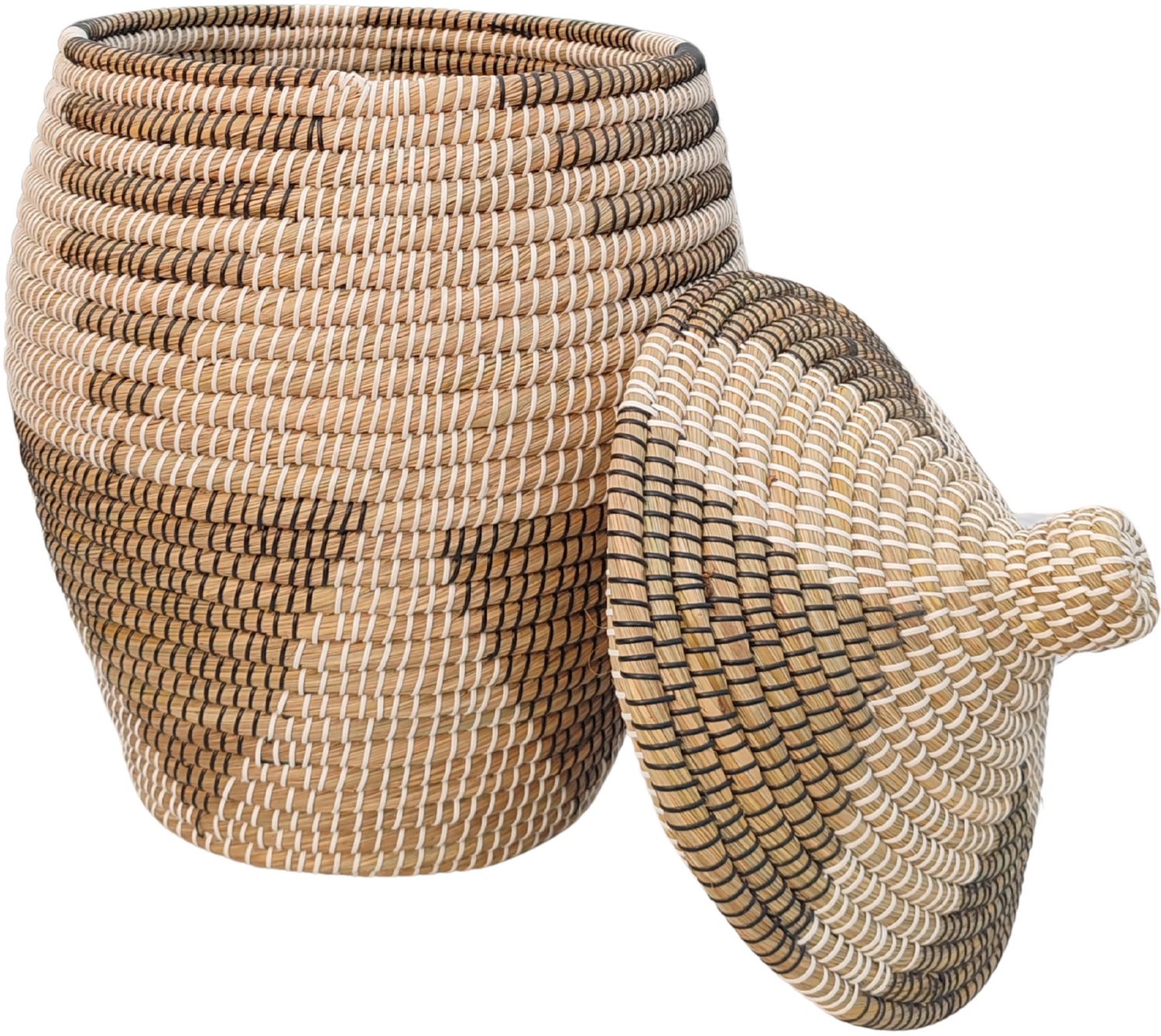 Wasmand met deksel – zeegras – 60 liter – naturel zwart wit
