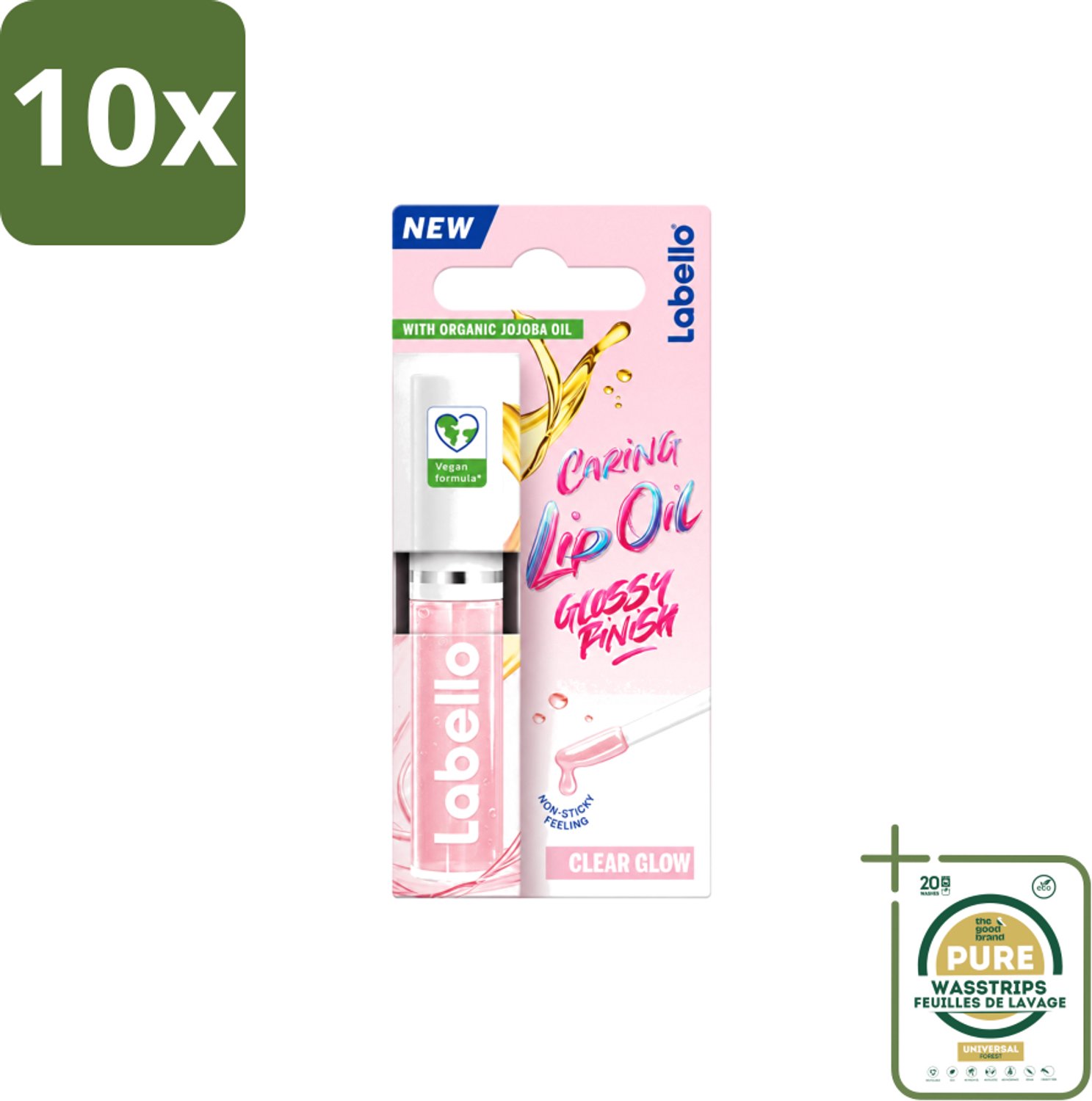 10 x Labello –Caring Lip Oil – Clear Glow – 5,5 ml - Wasstrips - Lippenbalsem - Lipolie - Glans - Verzorging - Vegan Lippenbalsem