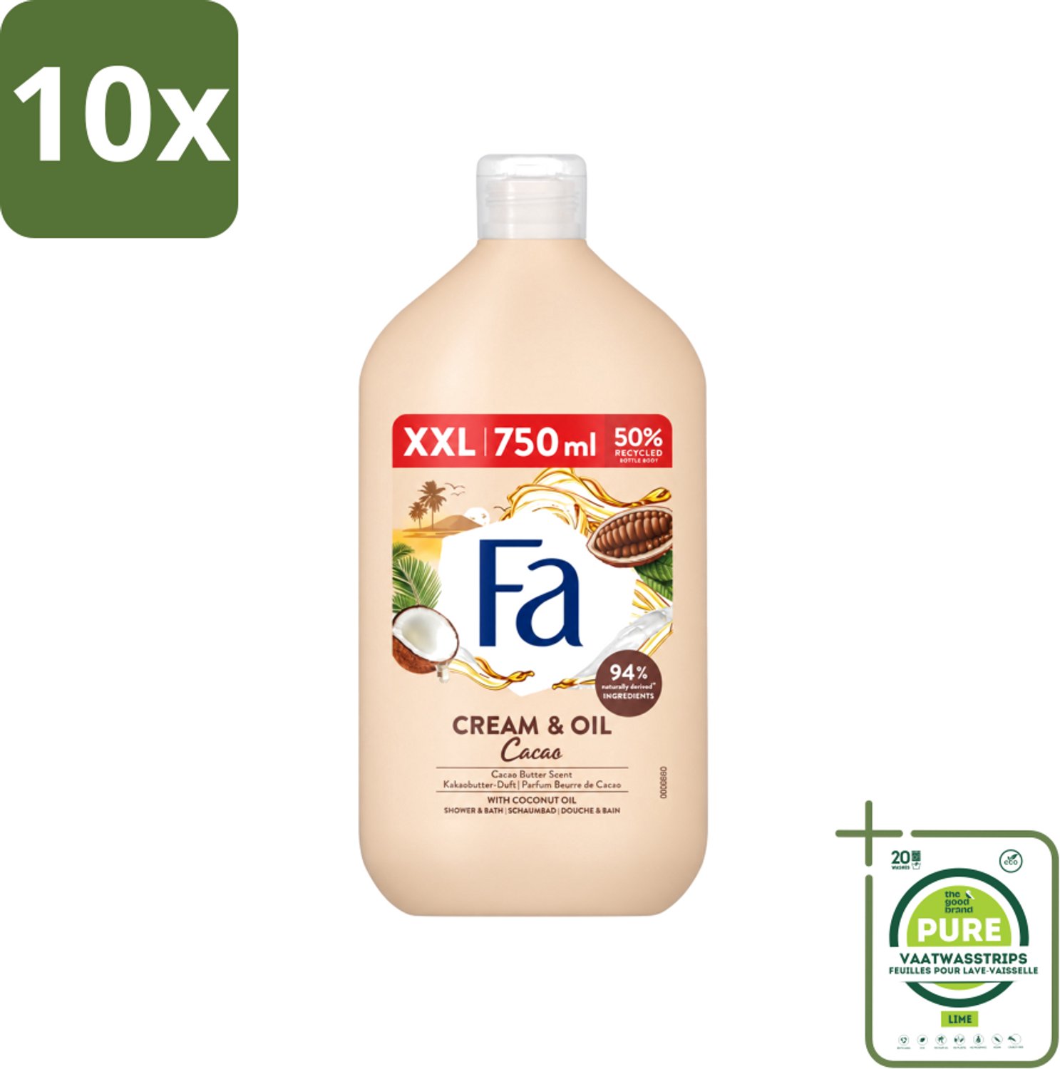 10 x Fa - Cream & Oil Cacao - Bad- & Douchegel - Cacaoboter Met Kokosolie - 750 ml - Grootverpakking - Vaatwasstrips - Bad En Douche Gel - Cacaoboter - Kokosolie - Huid Verzorging - Hydraterende Gel
