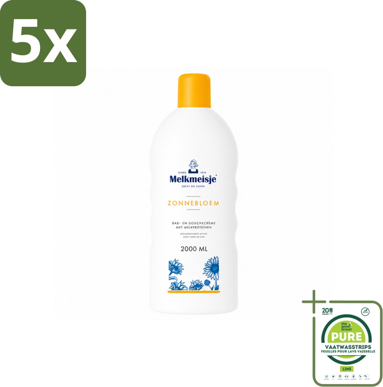 5 x Melkmeisje – Bad & Douchecrème – Zonnebloem – 2000 ml - Grootverpakking - Vaatwasstrips - Bad En Douche Crème - Zonnebloem En Melk - Huid Verzorging - Zachte Crème - Frisse Geur