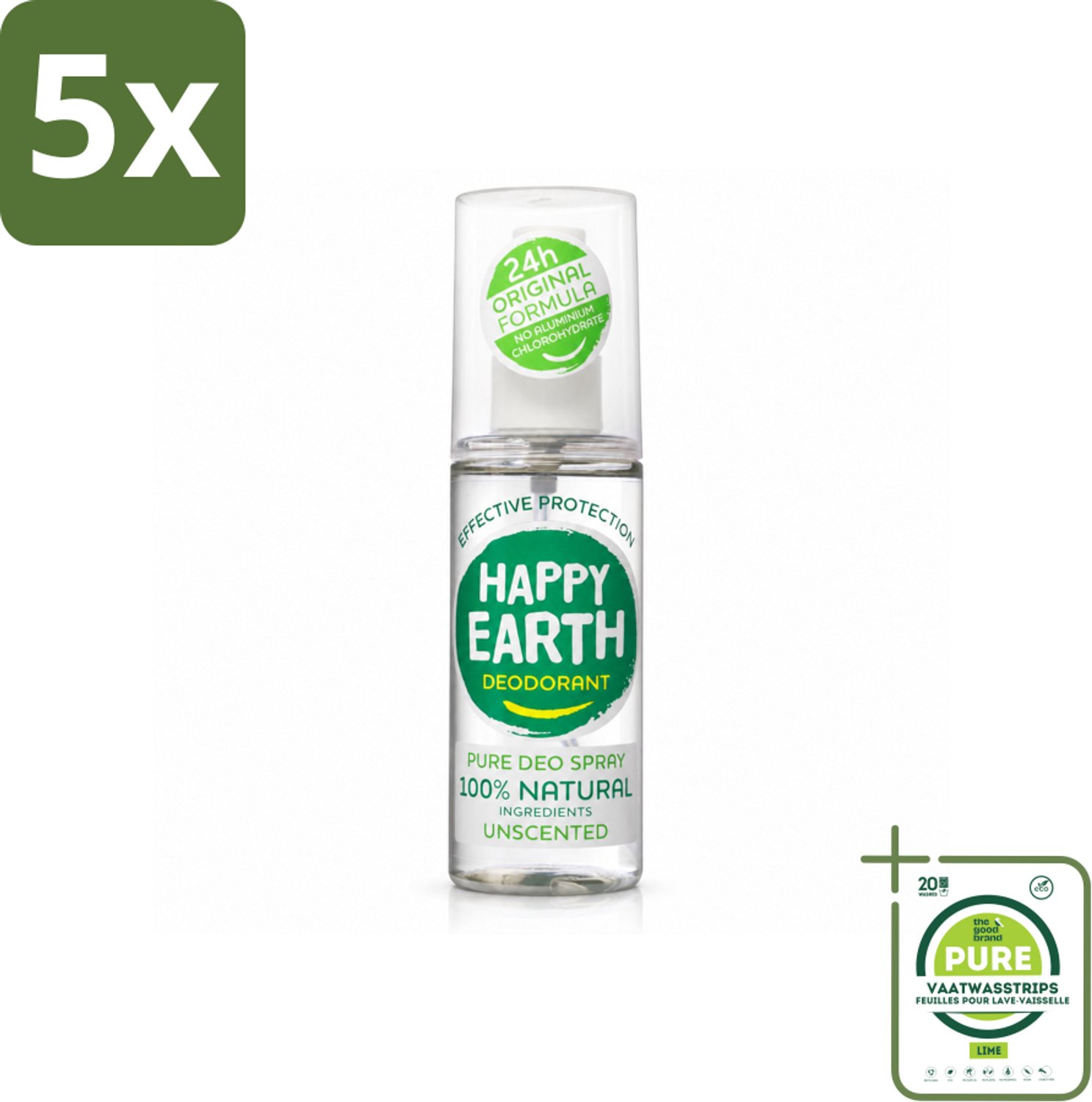 5 x Happy Earth – Deodorant Spray – 100% Natuurlijk Unscented – 100 ml - Grootverpakking - Vaatwasstrips - Geurloos Deodorant - Hypoallergene Deodorant - Natuurlijke Deodorant - Deodorant Voor Gevoelige Huid - Mineralen Deodorant