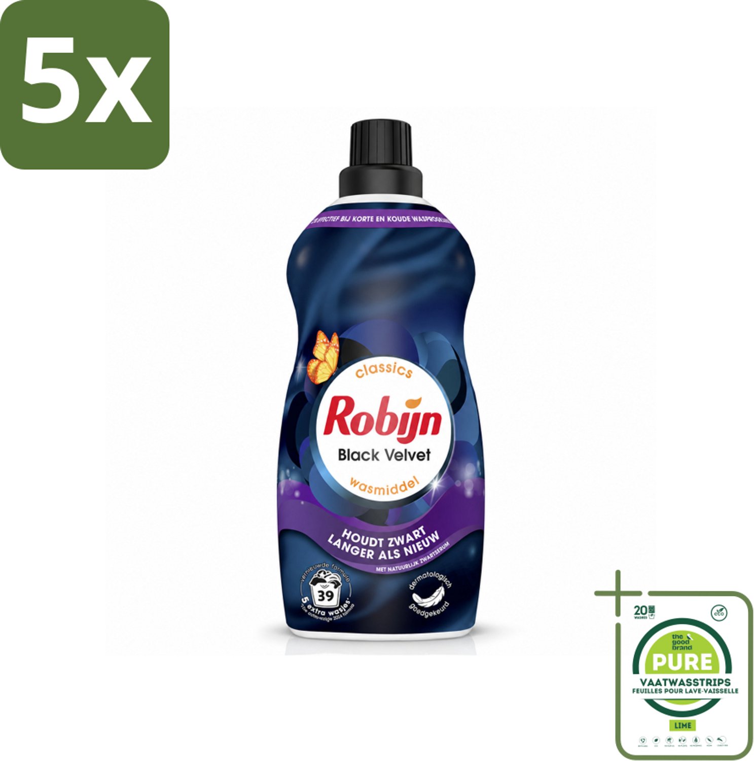 5 x Robijn – Vloeibaar Wasmiddel – Klein & Krachtig Black Velvet – 1,19 L - Grootverpakking - Vaatwasstrips - Zwarte Was - Donker Was - Wasmiddel Zwart - Kleurbehoud - Wasmiddel Donker
