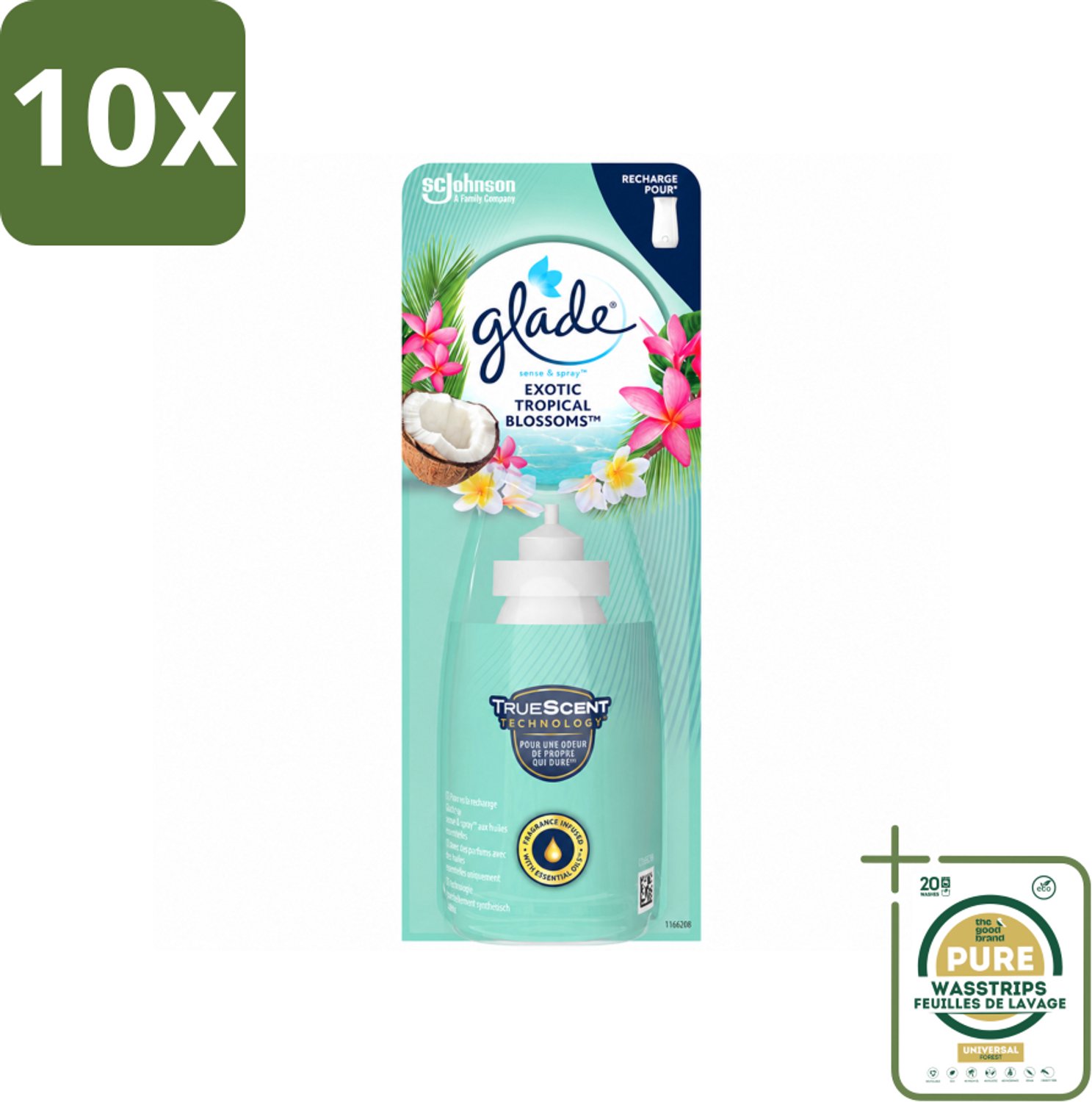 10 x Glade – Sense & Spray Navulling – Exotic Tropical Blossoms – 18 ml - Wasstrips - Tropische Geur - Luchtverfrisser Met Bewegingssensor - Kokos En Bloemen - Exotische Geur - Luchtverfrisser