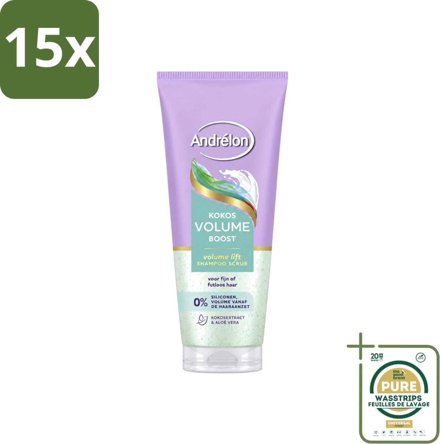 15 x Andrélon – Shampoo Scrub – Kokos Volume Boost – 200 ml - Wasstrips - Haarvolume - Kokos Shampoo - Haarverzorging - Exfoliatie - Fris Haar