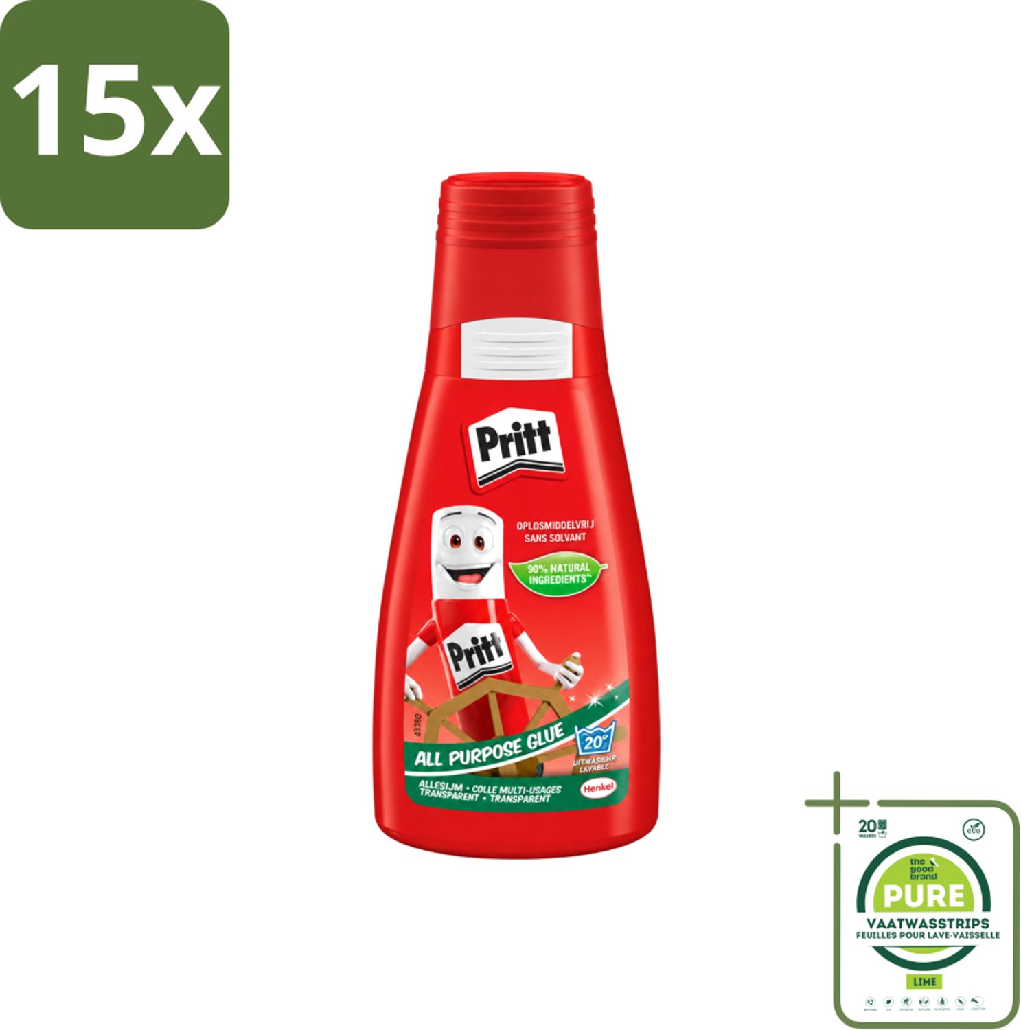 15 x Pritt - Alleslijm - Uitwasbaar - 90% Natuurlijke Ingrediënten - 100g - Grootverpakking - Vaatwasstrips - Lijm - Knutsel - Reparatie - Kindvriendelijk - Veilig