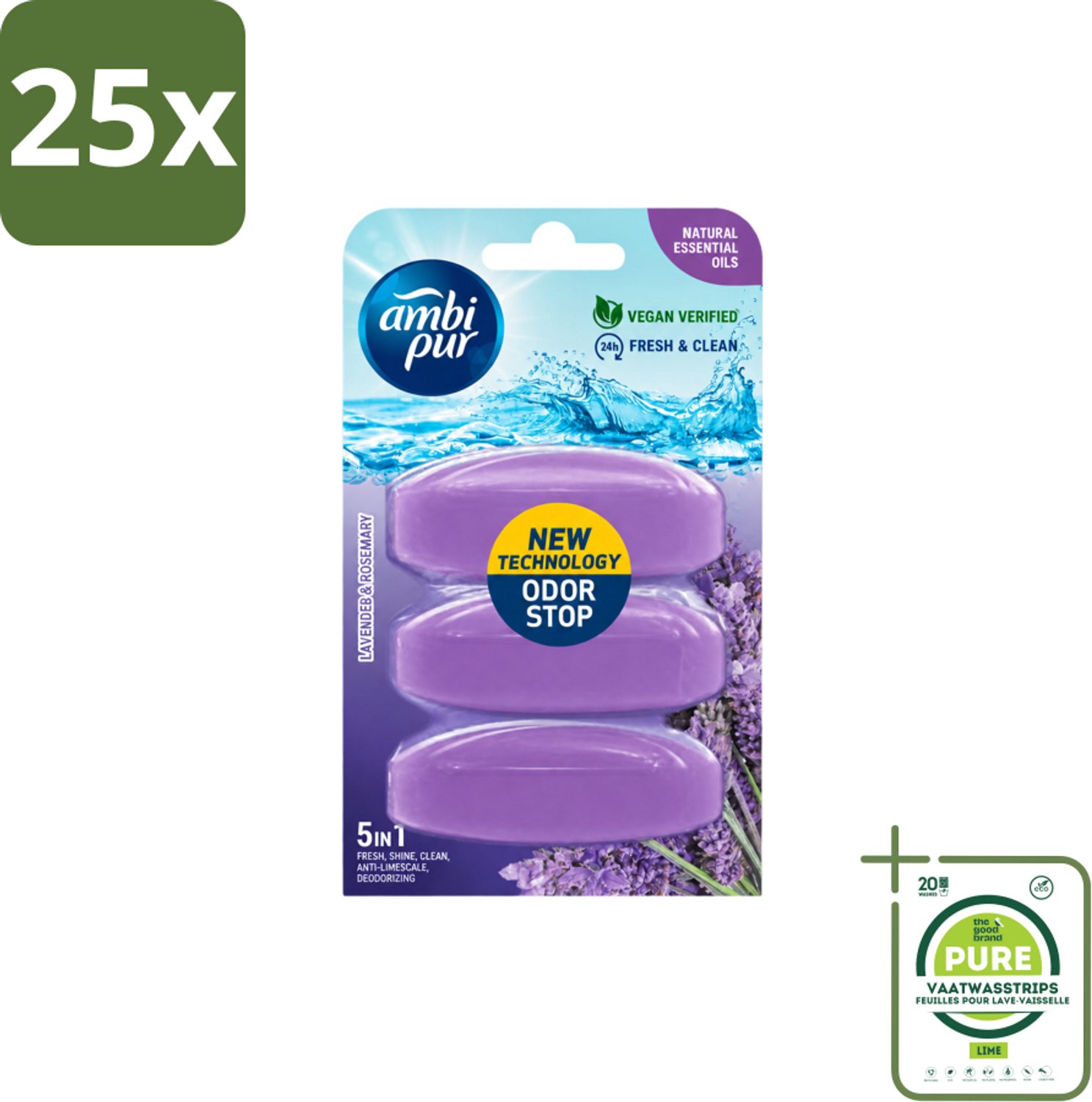 25 x Ambi Pur - Navulling Toiletblok - Lavendel & Rozemarijn - 3 Blokken - Grootverpakking - Vaatwasstrips - Toiletblok Navulling - Reinigingsvulling - Frisse Toiletomgeving - Lavendel En Rozemarijn - Hygiëne