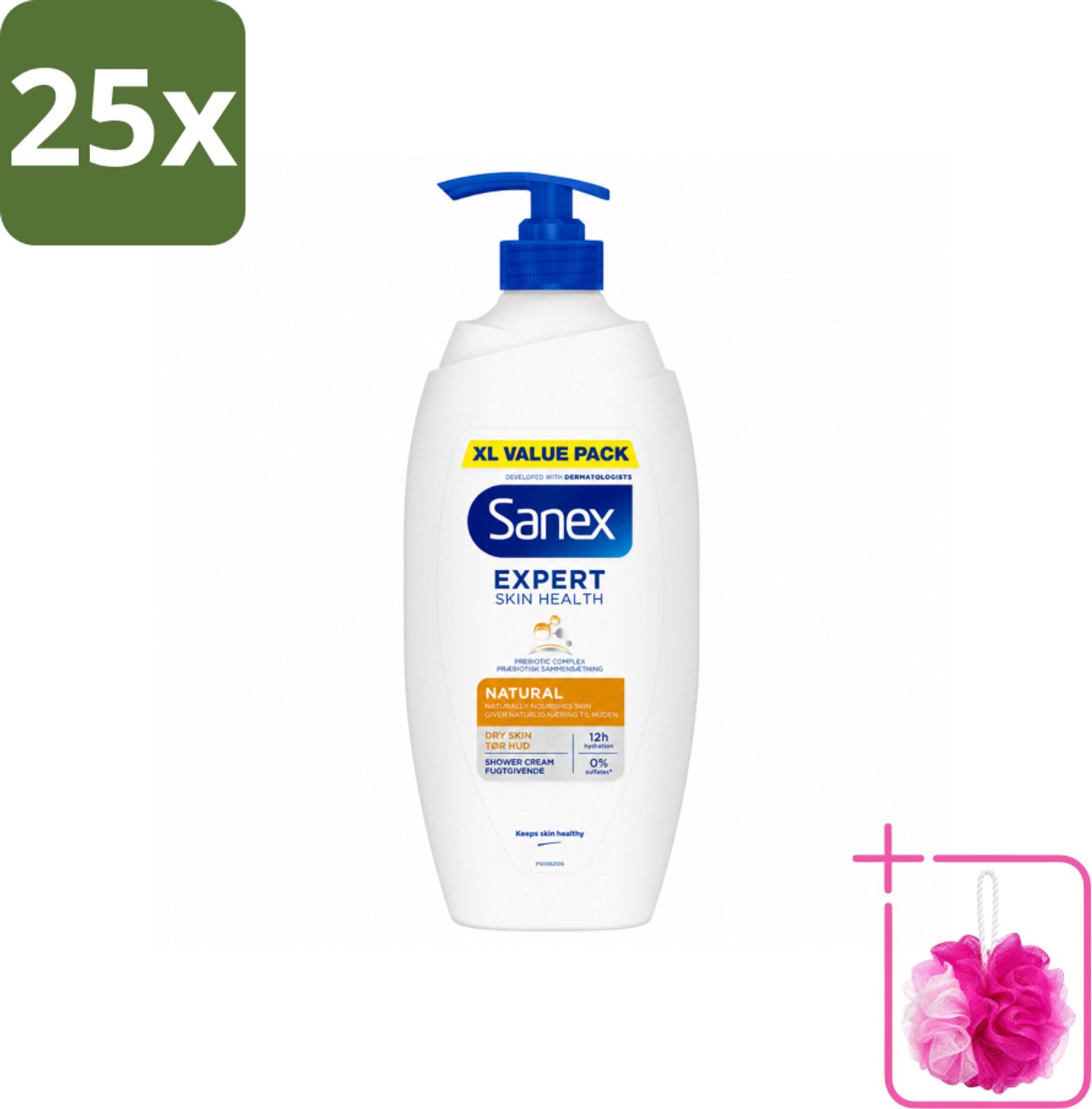 25 x Sanex – Douchecrème – Expert Skin Health Naturals – 750 ml - Bulkverpakking - Gevoelige huid - Douchemop - Huidverzorging