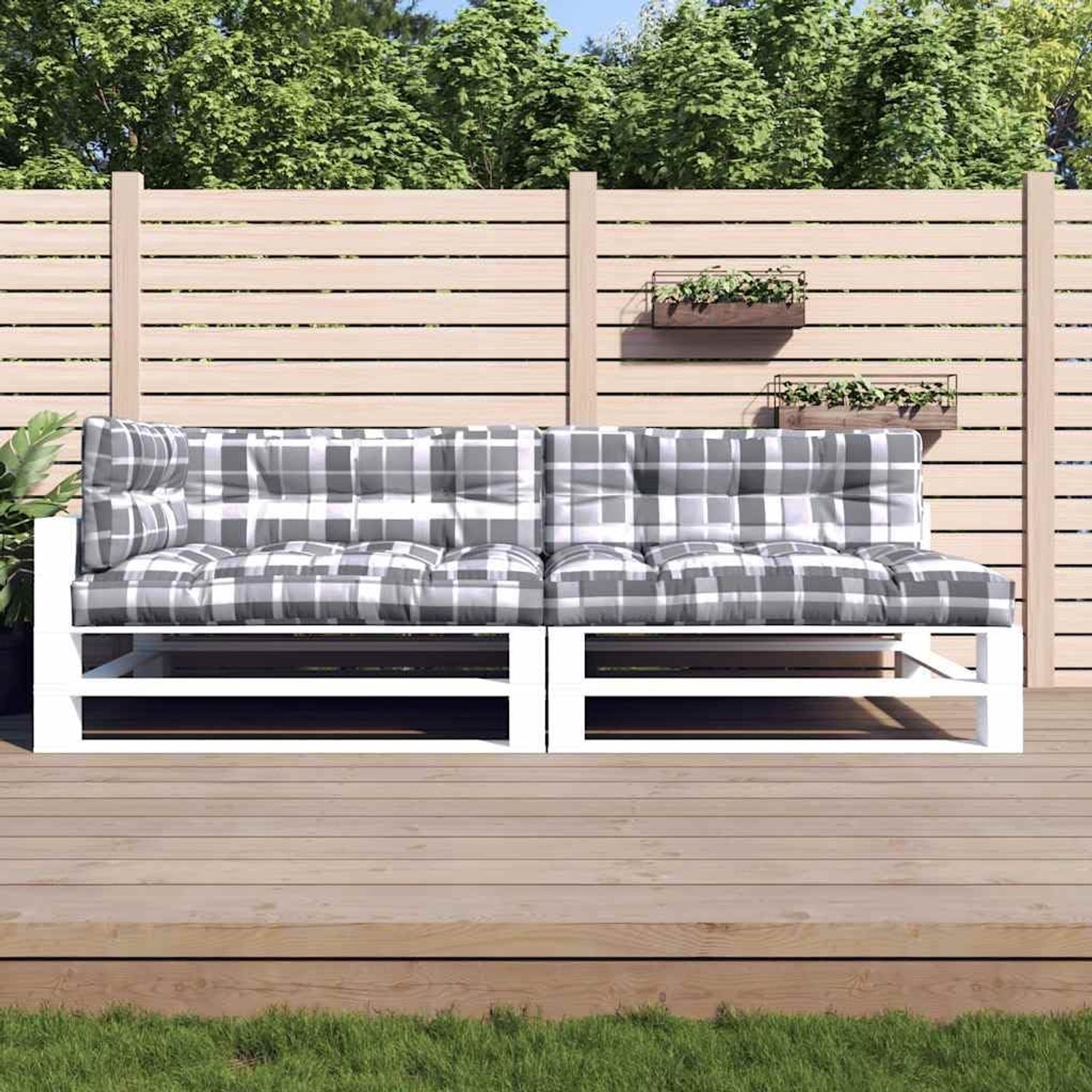 5-delige set palletkussens in grijs ruitpatroon van duurzaam polyester voor outdoor- en indoormeubels, waterdicht en uv-bestendig met zachte holle vezelvulling