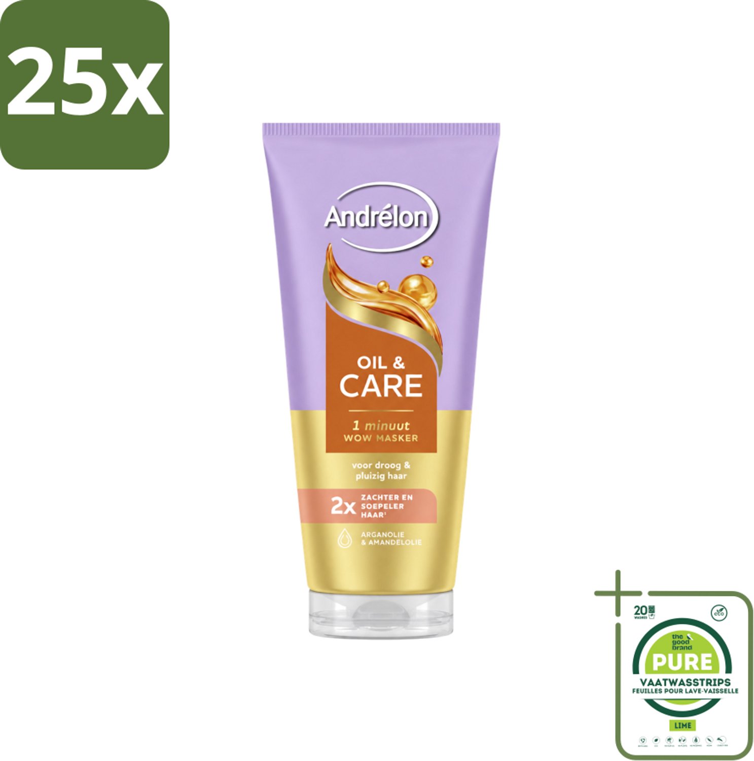 25 x Andrélon – Haarmasker WOW – Oil & Care – 180 ml - Grootverpakking - Vaatwasstrips - Haarmasker - Haar Verzorging - Droog Haar - Pluizig Haar - Arganolie