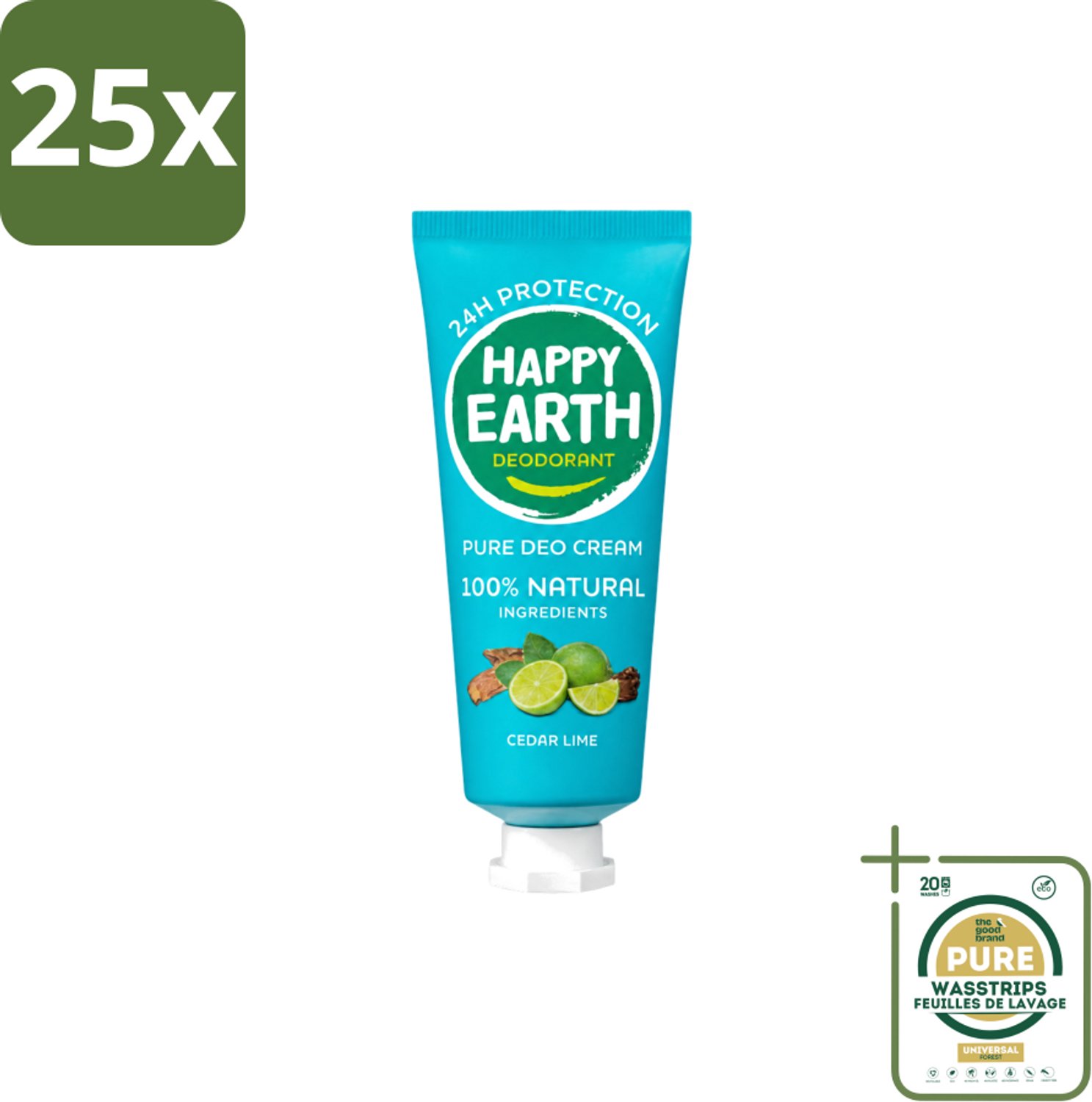 25 x Happy Earth – Deodorant Cream – 100% Natuurlijk Cedar Lime – 40 ml - Wasstrips - 100% Natuurlijk Deodorant - Natuurlijke Deodorant Crème - Deodorant Crème Ceder Lime - Fris Deodorant - Huidvriendelijk Deodorant