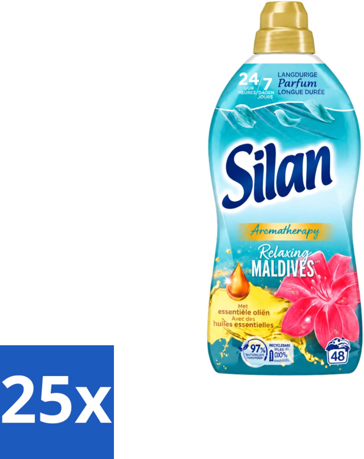 25 x Silan Aromatherapy - Wasverzachter - Relaxing Maldives - Essentiële Oliën en Langdurige Parfum - 48 Wasbeurten - 1.056L - Voordeelverpakking - 25 stuks