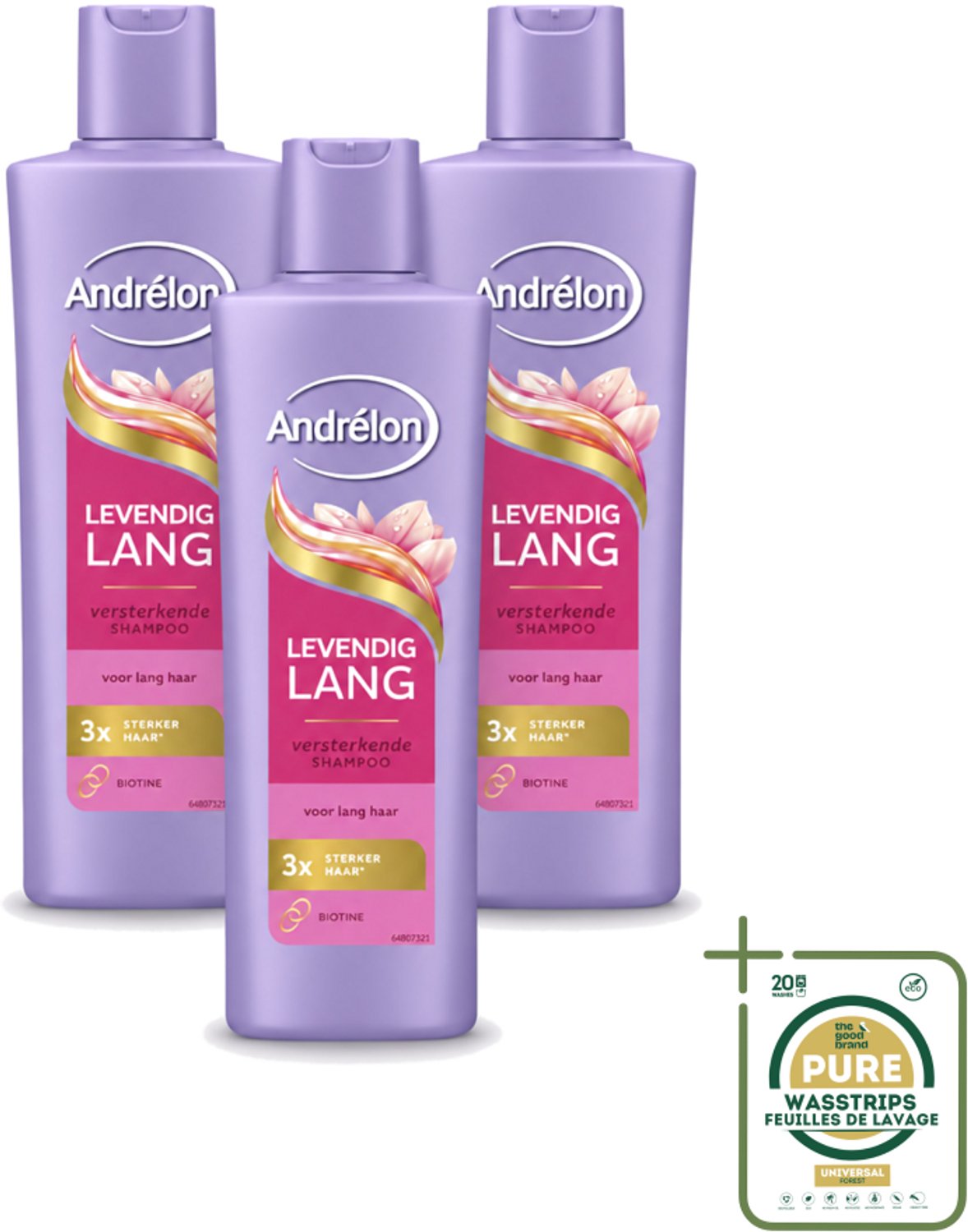 3 x Andrélon – Shampoo – Levendig Lang – 250 ml - Wasstrips - Haarversterken - Lang Haar Verzorgen - Biotine Shampoo - Haarbreuk Voorkomen - Gezond Haar