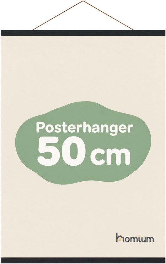 Porte-affiche en bois noir de 50 cm avec fond beige et étiquette de texte verte.