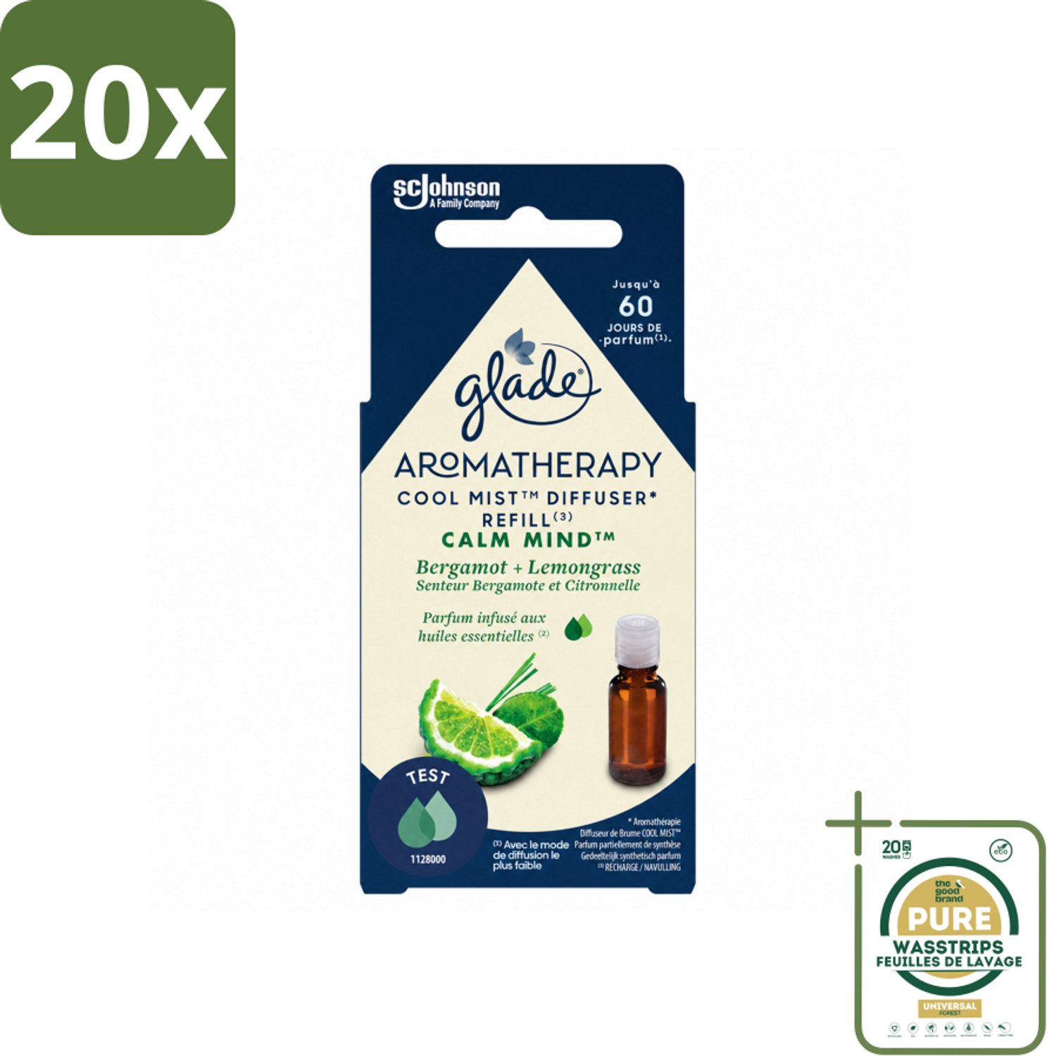 20 x Glade – Aromatherapy Mist Diffuser Navulling – Calm Mind – 17,4 ml - Wasstrips - Aromatherapie - Ontspanning - Luchtverfrisser - Bergamot - Citroengras