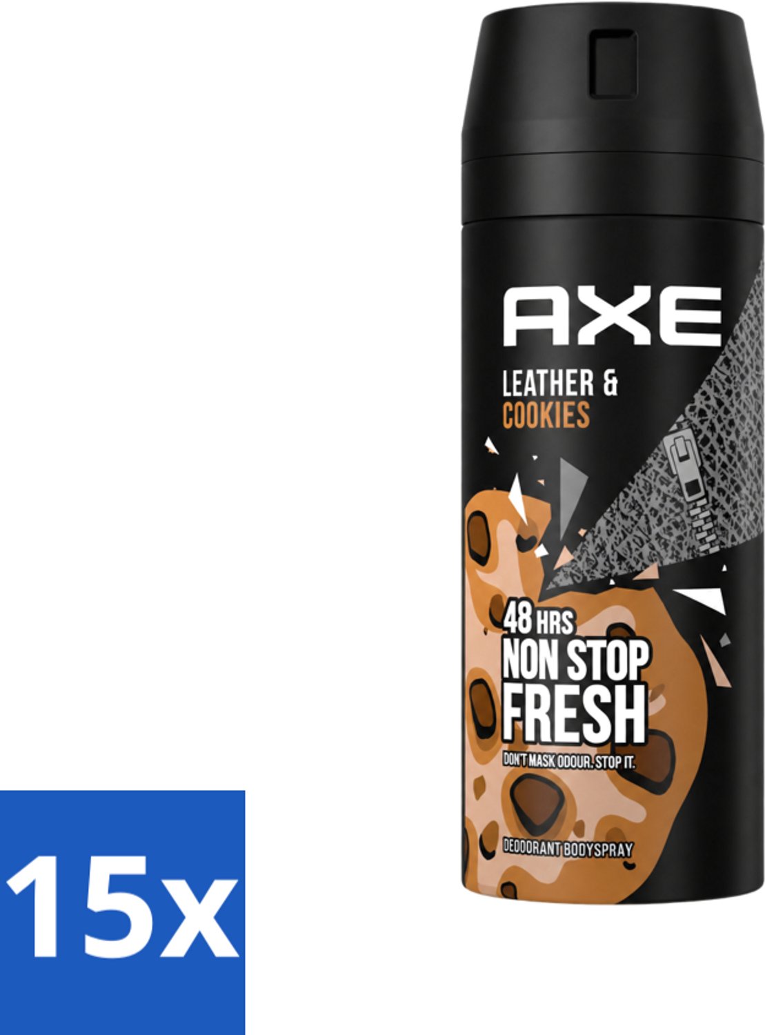 15 x Axe - Deodorant Bodyspray - 48hrs Fresh - Leather & Cookies - 150 ml - Voordeelverpakking - 15 stuks