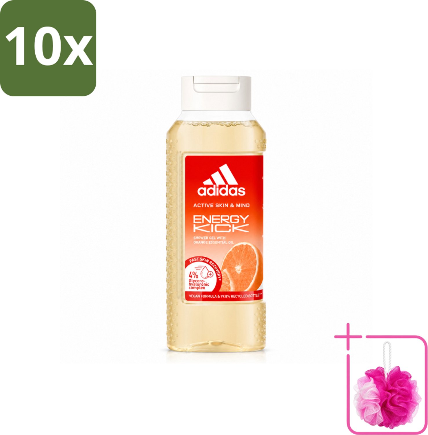 10 x Adidas – Douchegel – Active Skin & Mind Energy Kick – 250 ml - Bulkverpakking - Energie - Douchemop - Sport