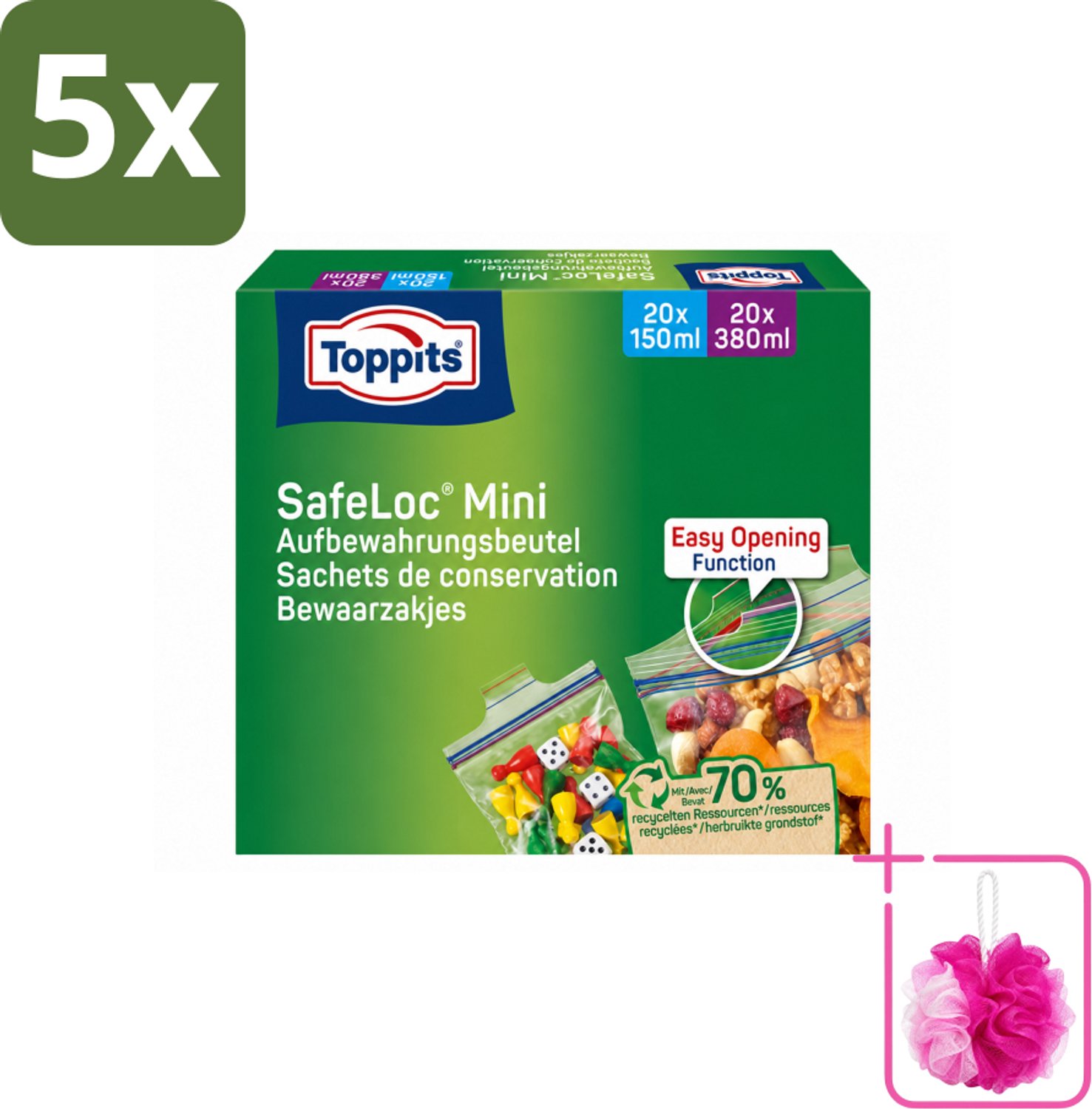 5 x Toppits – Safeloc Mini Zip-Zakjes – 40 Zakjes - Bulkverpakking - Mini zakjes - Douchemop - Lekvrij