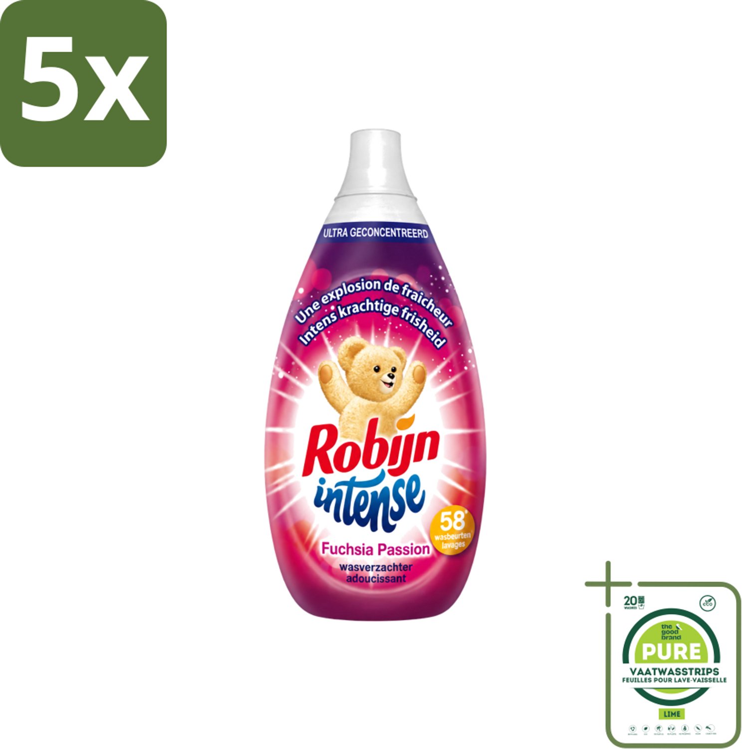 5 x Robijn Intense - Wasverzachter - Intense Fuchsia Passion - 870ml - 58 Wasbeurten - Grootverpakking - Vaatwasstrips - Wasverzachter - Wasverzachter Fuchsia Passion - Wasverzachter Robijn Intense - Wasverzachter Fuchsia - Wasverzachter Voor Kleding