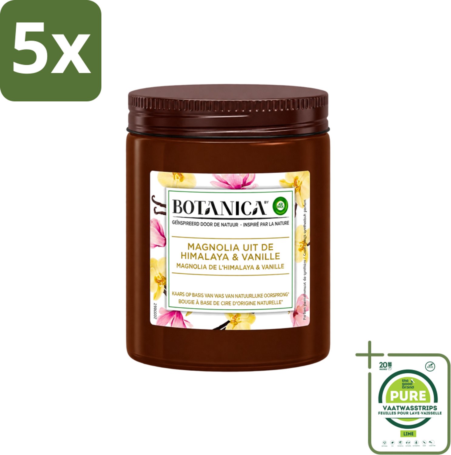Air Wick 5 x Botanica by Air Wick - Geurkaars - Vanille & Magnolia - 40 Uur Brandduur - Grootverpakking - Vaatwasstrips - Geurkaars - Vanille En Magnolia - Natuurlijke Geur - Luxe Geur - Ontspanning Bruin
