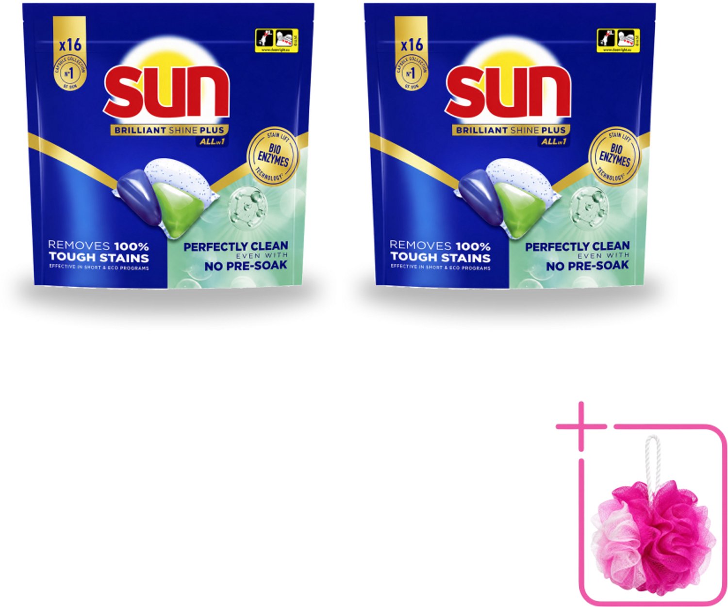 2 x Sun – Vaatwascapsules – Brilliant Shine+ All-in-1 – 16 capsules - Bulkverpakking - Vaatwasmiddel - Douchemop - Vaatwascapsules