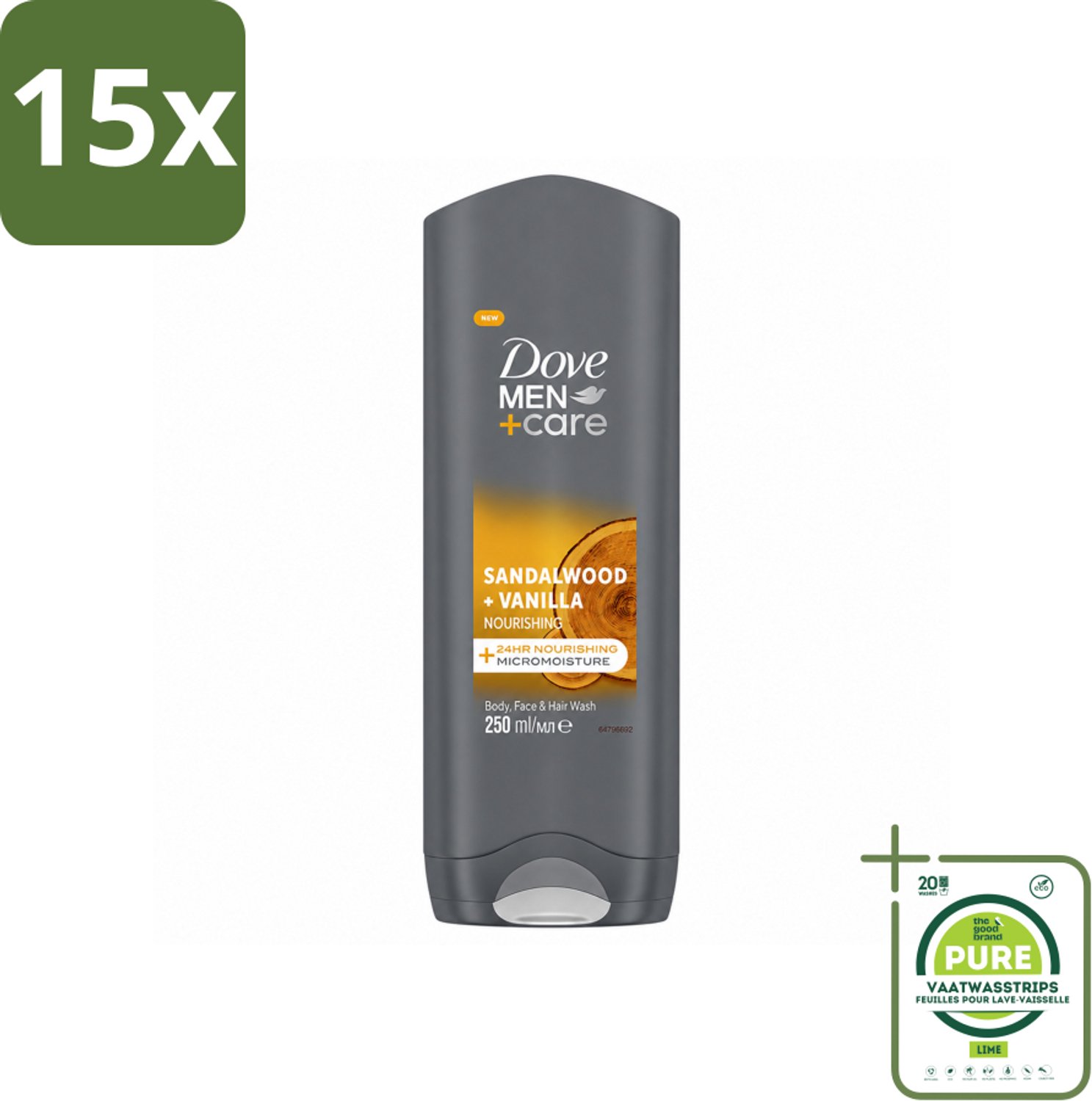 15 x Dove – Douchegel – Men+Care Sandalwood & Vanilla – 250 ml - Grootverpakking - Vaatwasstrips - Douchegel Voor Mannen - Huidverzorging - Reiniging Voor Mannen - Hydraterende Douchegel - Sandelhout En Vanille