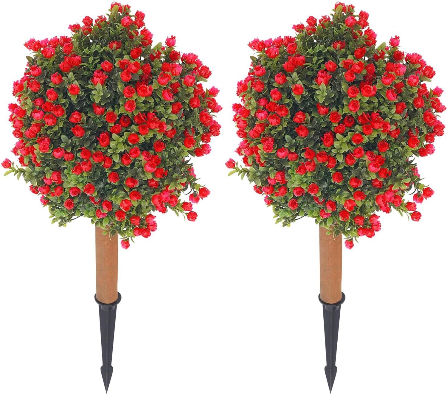 Kunstbuxusbal, set van 2 stuks, 35-40 cm, met grondpennen, voor binnen en buiten, kunstplanten (rood-groen)