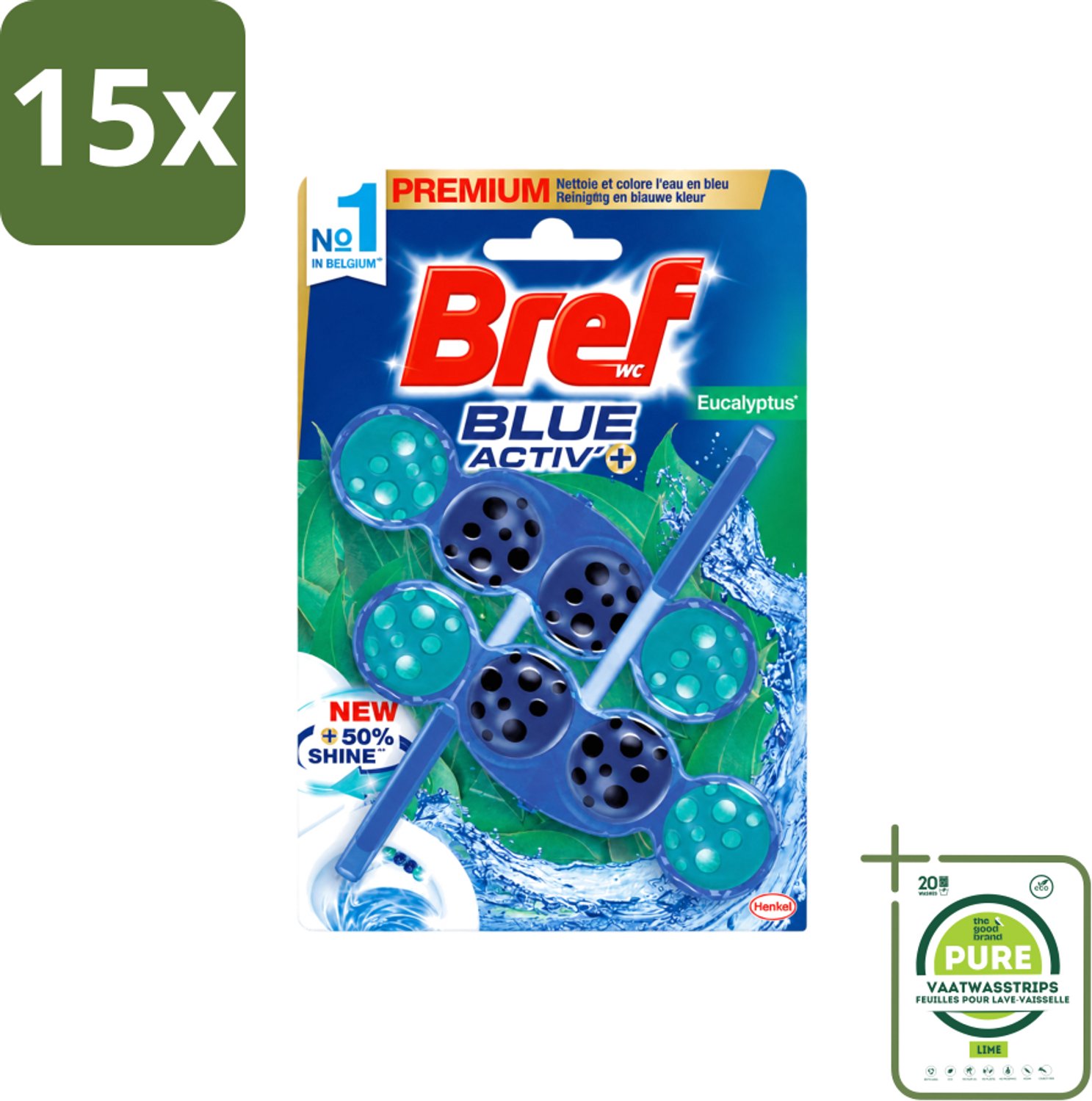 15 x Bref WC - Blue Activ' - Toiletblok - Eucalyptus - 2 Blokken - Grootverpakking - Vaatwasstrips - Toiletverzorging - Toilet Reinigen - Eucalyptus Geur - Geur Stop - Anti-kalk