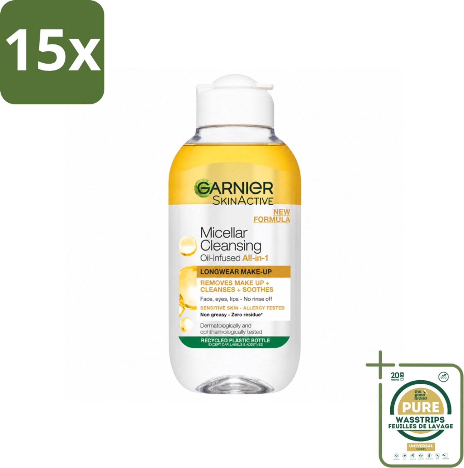 15 x Garnier - Micellair Reinigingswater - Olie - 100 ml - Wasstrips - Make-up Verwijderen - Micellair Reinigingswater - Gezicht Reinigen - Olie Voor Huid - Waterproof Make-up Verwijderen