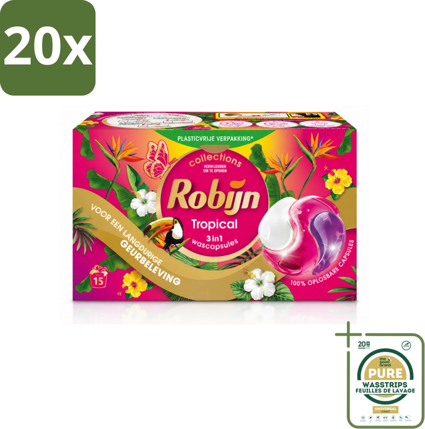 20 x Robijn - 3-in-1 Tropical - Wascapsules - 15 Wasbeurten - Wasstrips - Wasmiddel - Wascapsules - Kleurbehoud - Tropische Geur - Biologisch Afbreekbaar