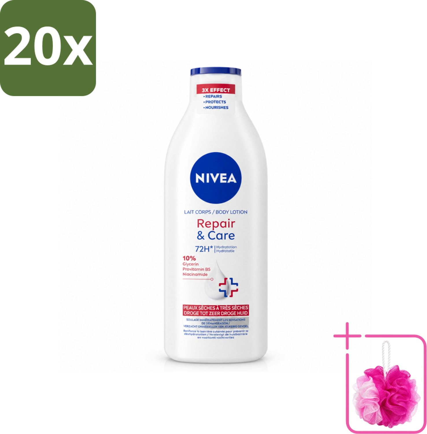 20 x Nivea - Repair & Care Bodylotion - 72 uur Hydratatie - Voor Zeer Droge Huid - 400 ml - Bulkverpakking - Hydratatie - Douchemop - Droge huid