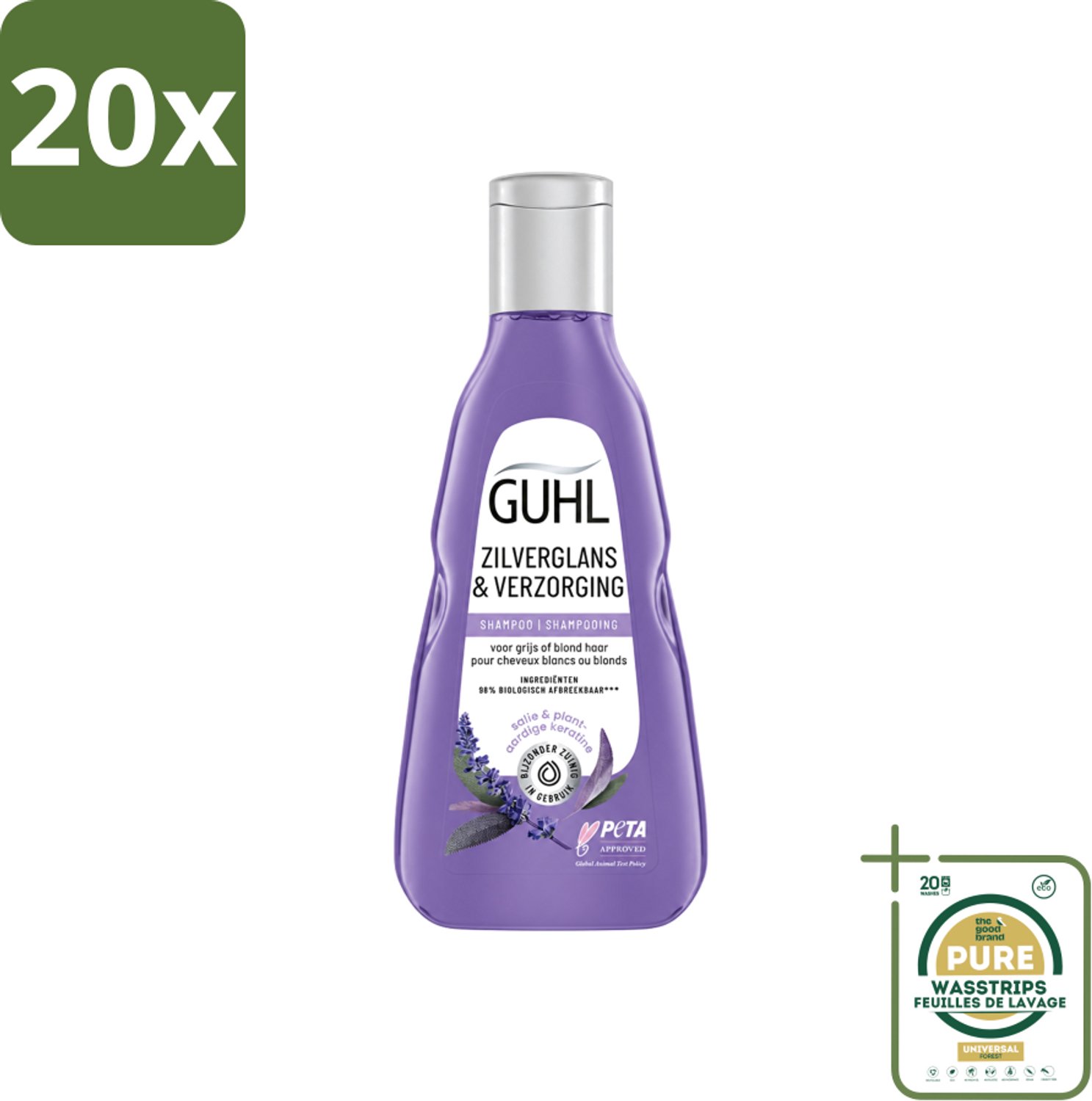 20 x Guhl - Shampoo - Zilverglans & Verzorging - 250 ml - Wasstrips - Zilverglans Shampoo - Anti-geel Shampoo - Grijs Haar Verzorging - Blond Haar Verzorging - Haarverzorging