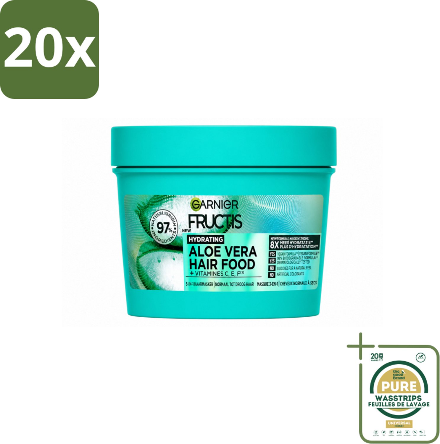 20 x Garnier - Fructis Hair Food Aloe Vera - 3-in-1 Haarmasker - Normaal tot Droog Haar - 400 ml - Wasstrips - Haarmasker - Droog Haar - Hydratatie - Aloe Vera - Haarverzorging