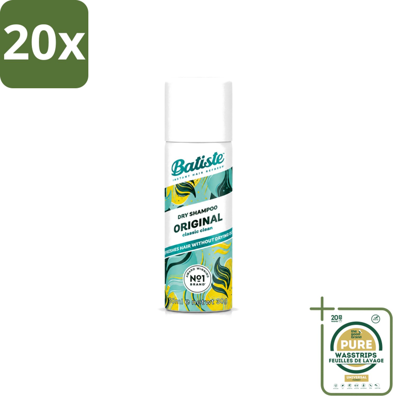 20 x Batiste - Classic Clean - Droogshampoo - Koele en Schone Geur - Verfrist en Geeft Grip - 50ml - Wasstrips - Droogshampoo - Haarverfrissend - Haaropfrissen - Sport Haar - Haar Opfrissen