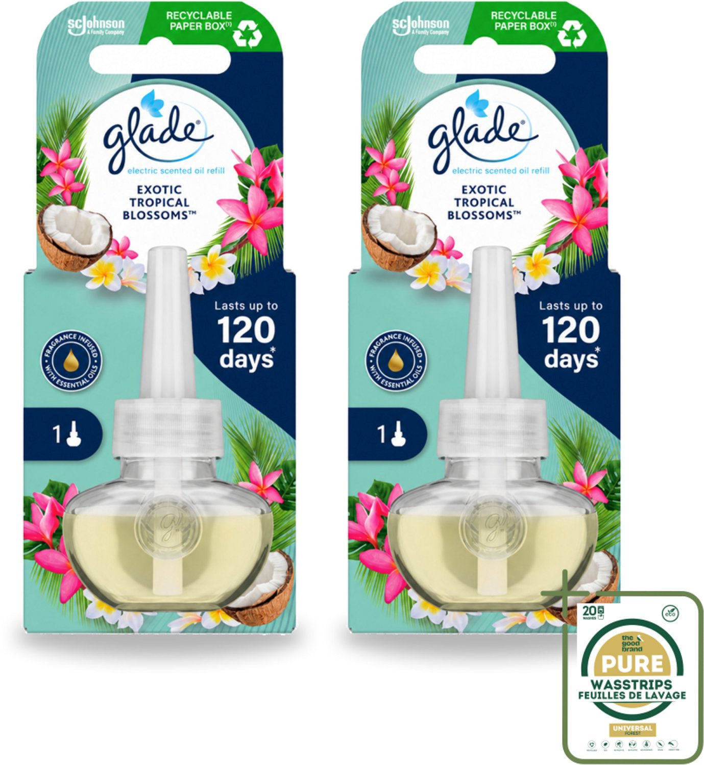 2 x Glade - Navulling Elektrische Olie - Exotic Tropical Blossoms - Zonder Houder - Wasstrips - Luchtverfrisser - Geur - Tropische Geur - Monoi Olie - Kokosmelk