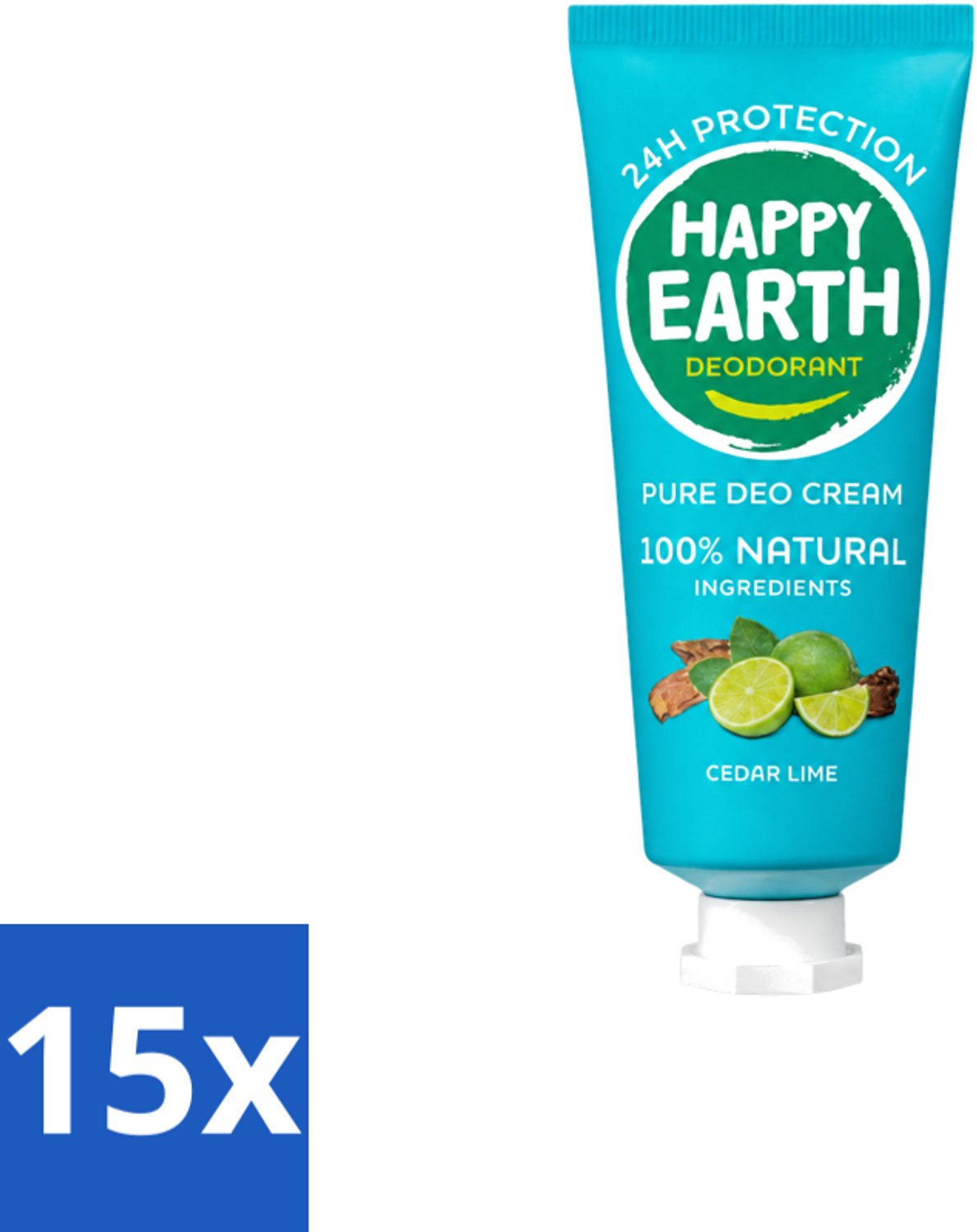 15 x Happy Earth – Deodorant Cream – 100% Natuurlijk Cedar Lime – 40 ml - Voordeelverpakking - 15 stuks