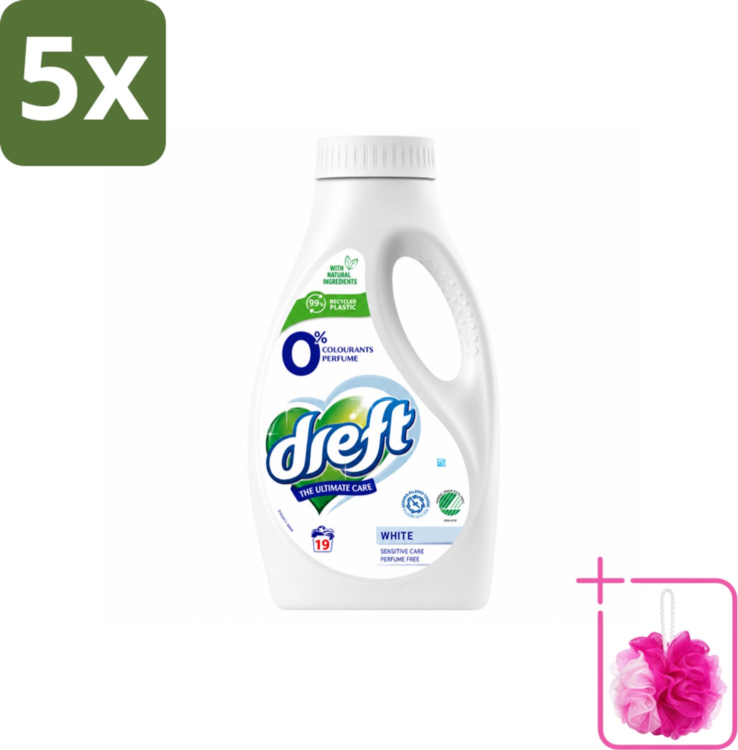 5 x Dreft - Vloeibaar Wasmiddel - 0% Witte Was - Geurvrij & zacht - 19 Wasbeurten - Bulkverpakking - Wasmiddel voor gevoelige huid - Douchemop - 0% parfum was
