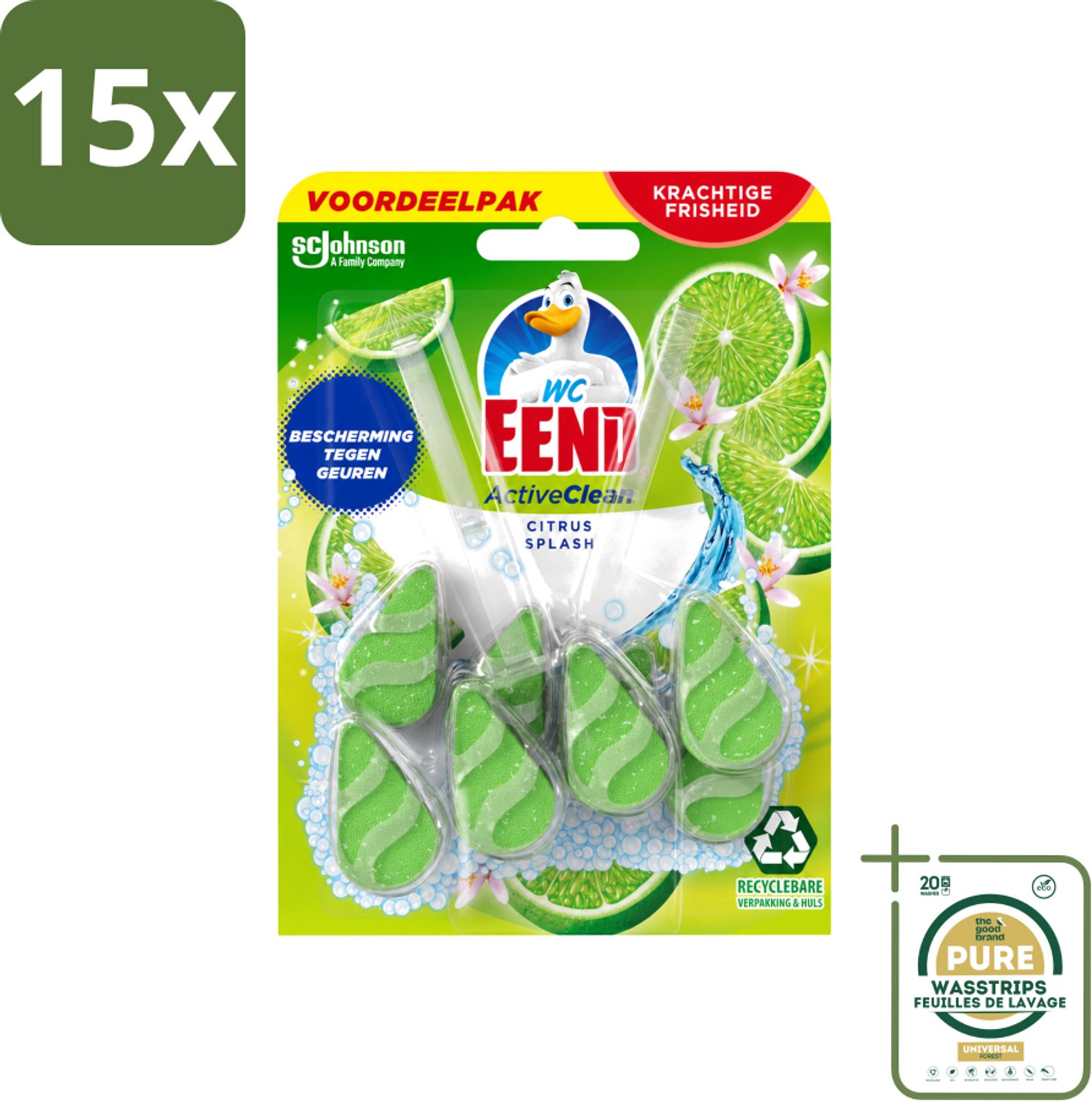 15 x WC Eend - Active Clean Citrus - Toiletblok Duopack - Krachtige Citrusgeur - 2 Toiletblokken - Wasstrips - Toiletblok - Reiniging Toilet - Citrusgeur Toilet - Schuim Toilet - Hygiëne Toilet